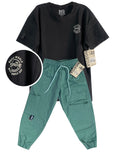 CJ1922  CONJUNTO CAMISETA OVER SIZE TELA TEXTURA/ JOGGER VERDE MILITAR