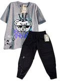 CJ1928  CONJUNTO CAMISETA OVER SIZE GRIS JASPE/ JOGGER NEGRO