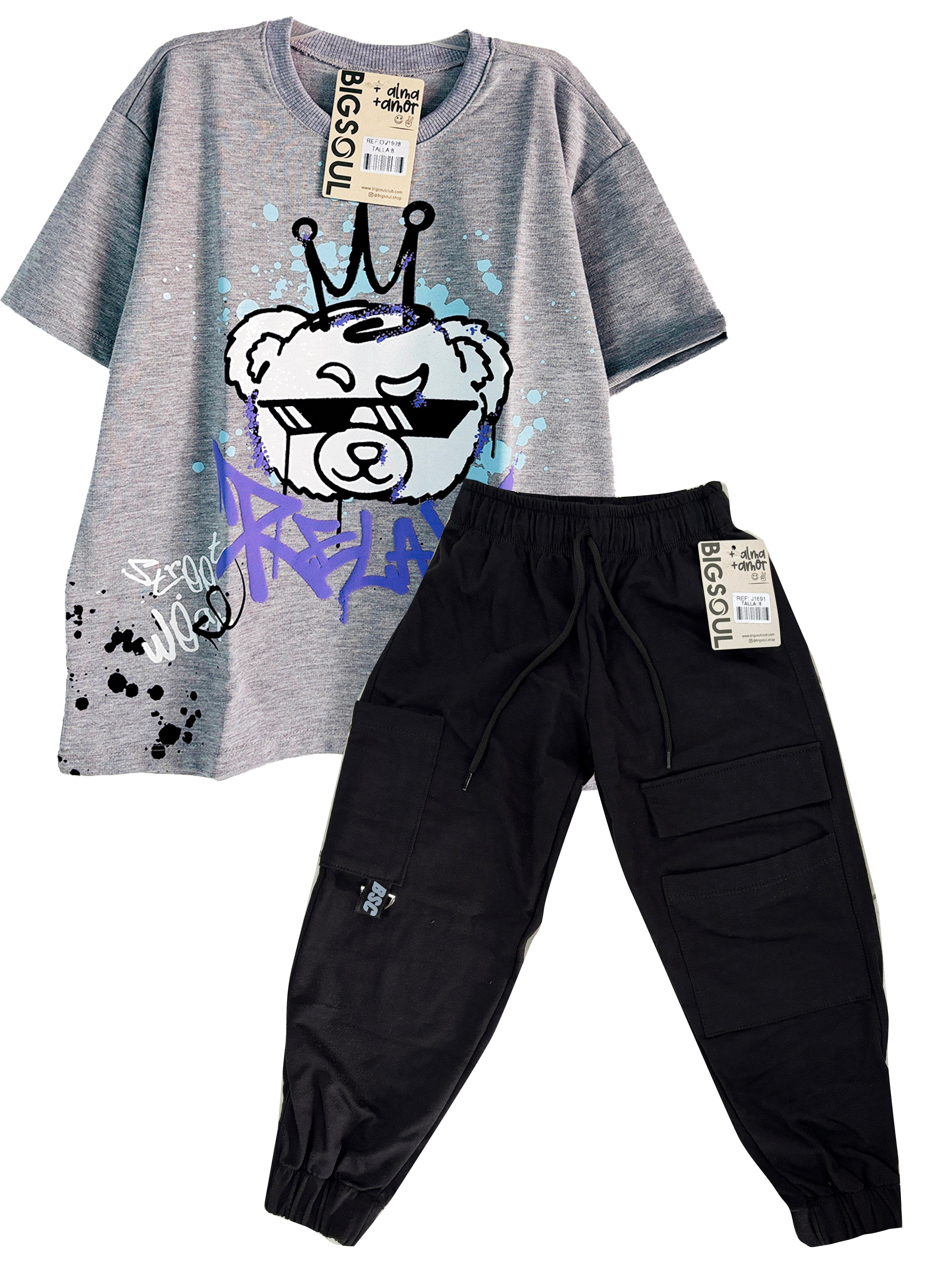 CJ1928  CONJUNTO CAMISETA OVER SIZE GRIS JASPE/ JOGGER NEGRO