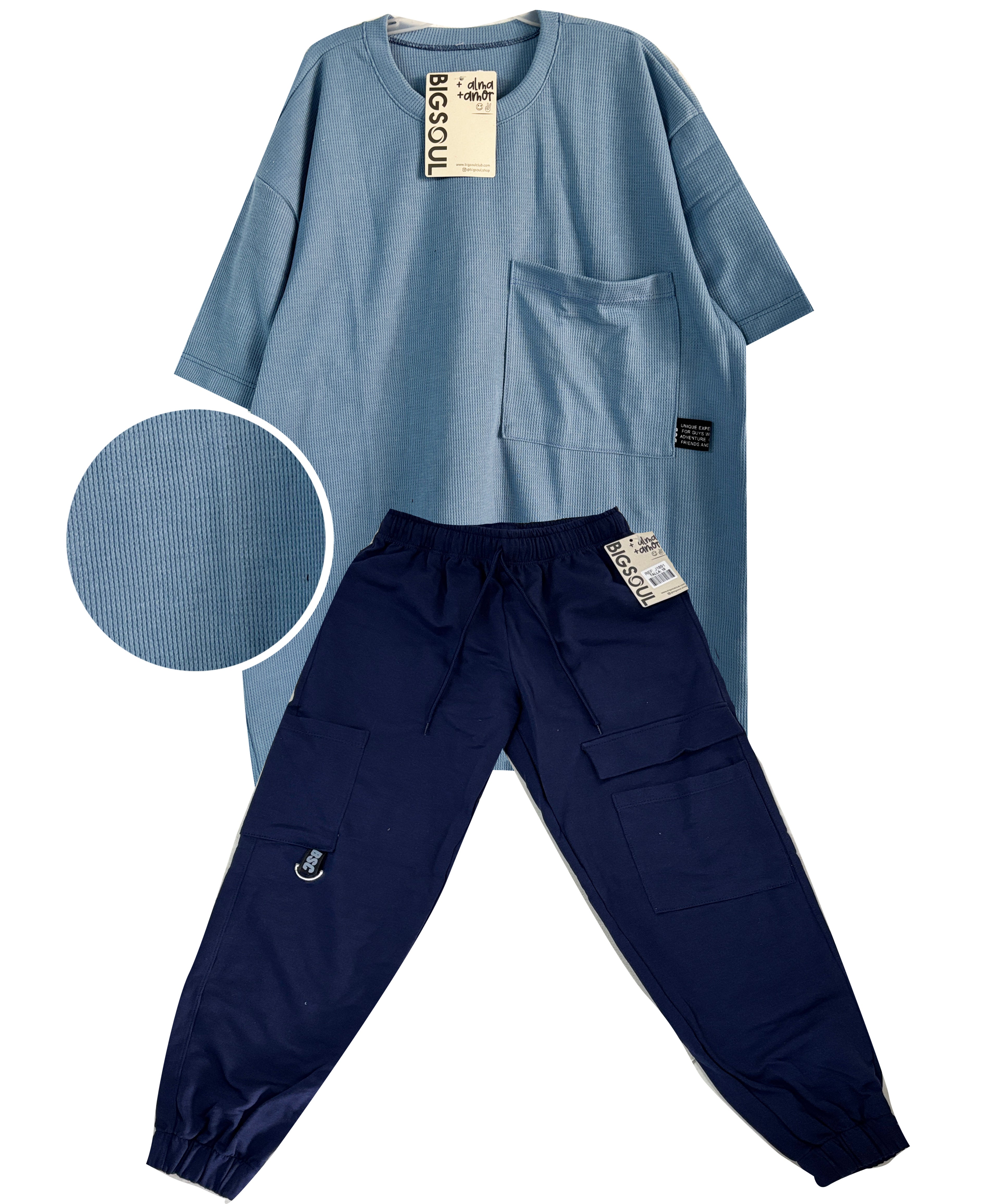 CJ1928  CONJUNTO CAMISETA OVER SIZE PETROLEO/ JOGGER AZUL OSCURO