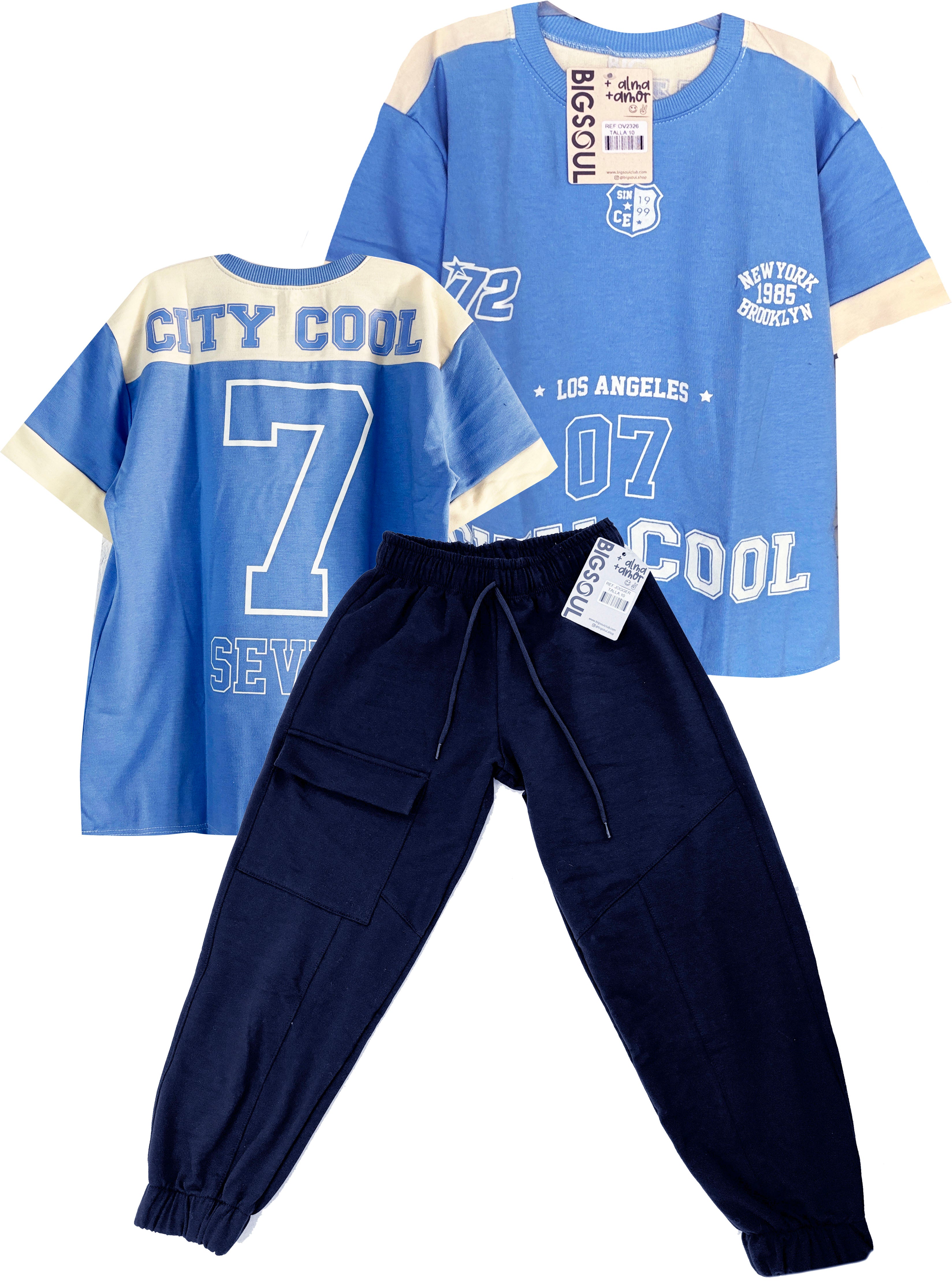 CJ12326 CONJUNTO CAMISETA OVER SIZE HORTENCIA/ JOGGER AZUL OSCURO