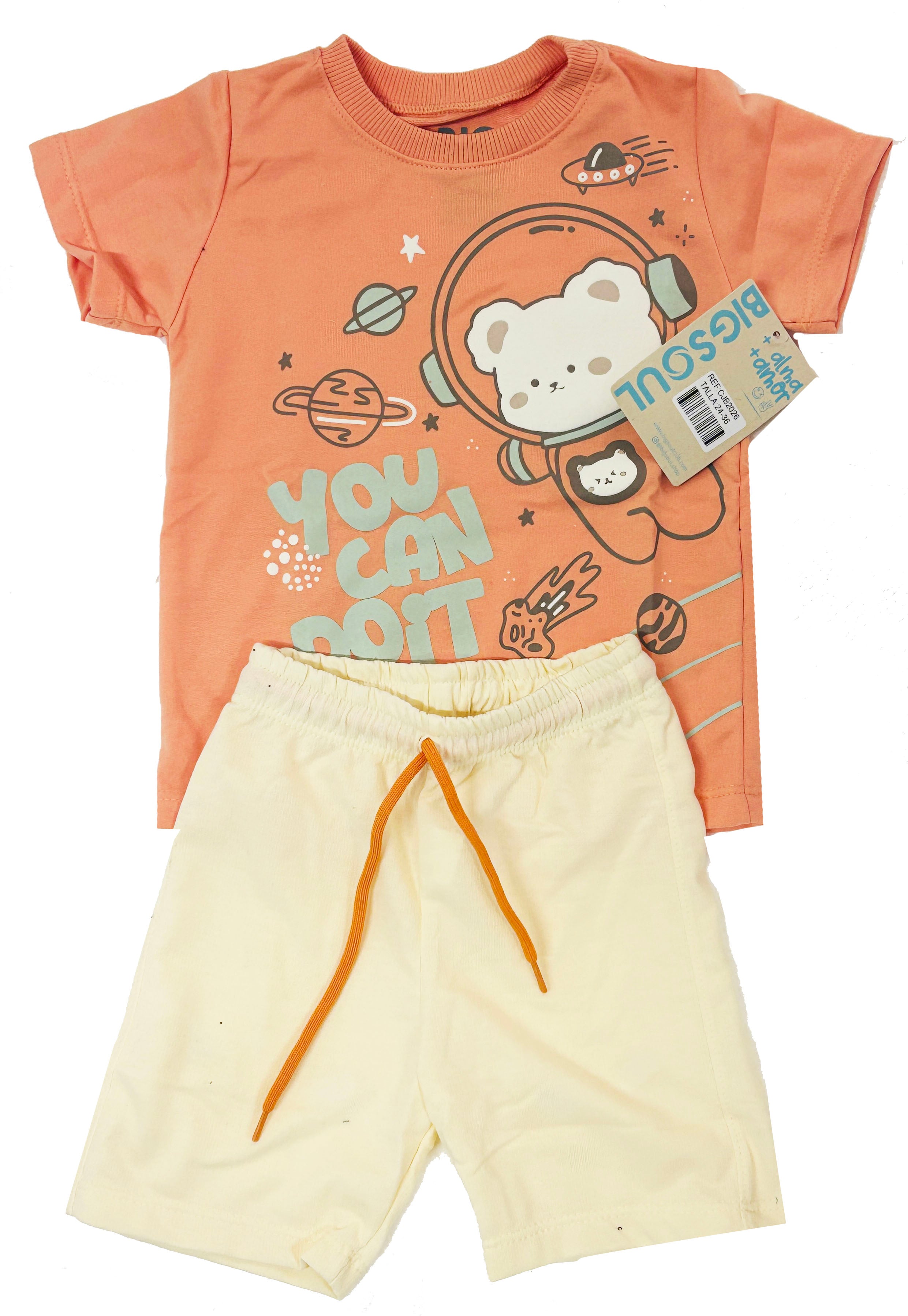CJB2026 CONJUNTO CAMISETA MELON PASTREL   /BERMUDA BURDA MARFIL