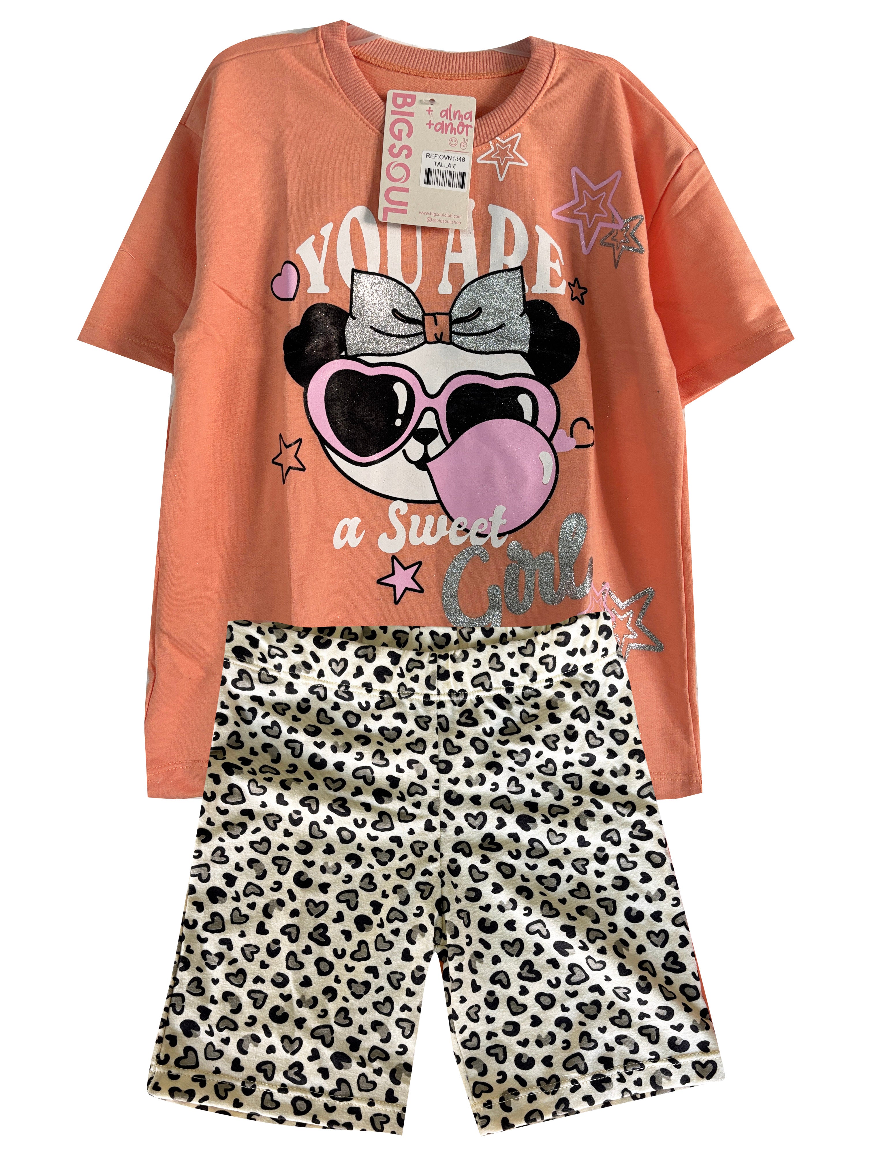 CN1848 CONJUNTO NINA CAMISETA  OVERSIZE NARANJA PASTEL/ BIKER LYCRA ESTAMPADO