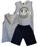 CS1593 CONJUNTO NINO MANGA SISA CAPUCHA GRIS JASPE  / BERMUDA NEGRO