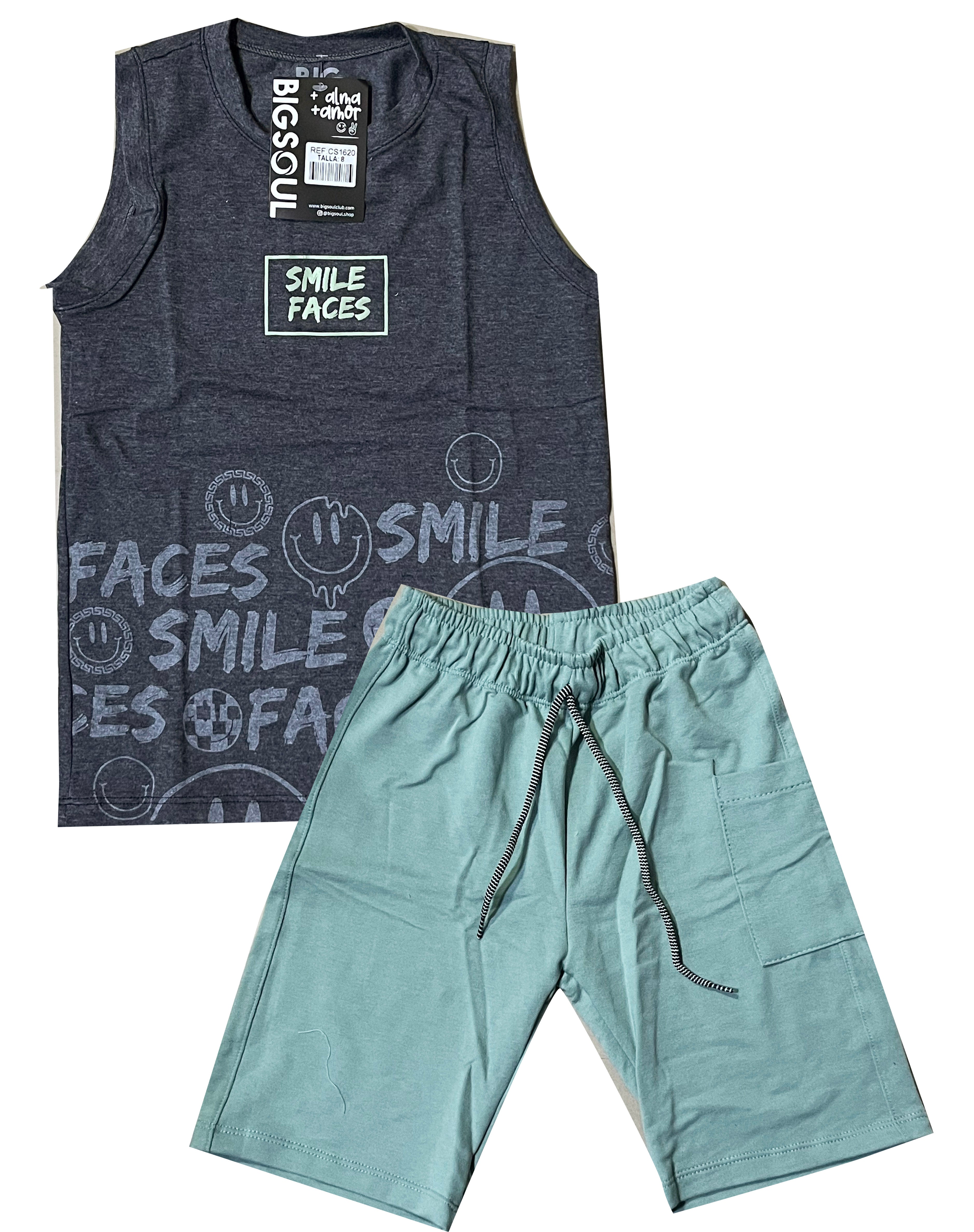 CS1620 SMILE FACES CAMISILLA NEGRO CROSS/ BERMUDA VERDE SECO