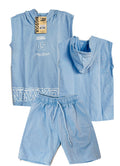 CS2364 CONJUNTO NINO MANGA SISA CAPUCHA  / BERMUDA UNICOLOR AZUL CIELO