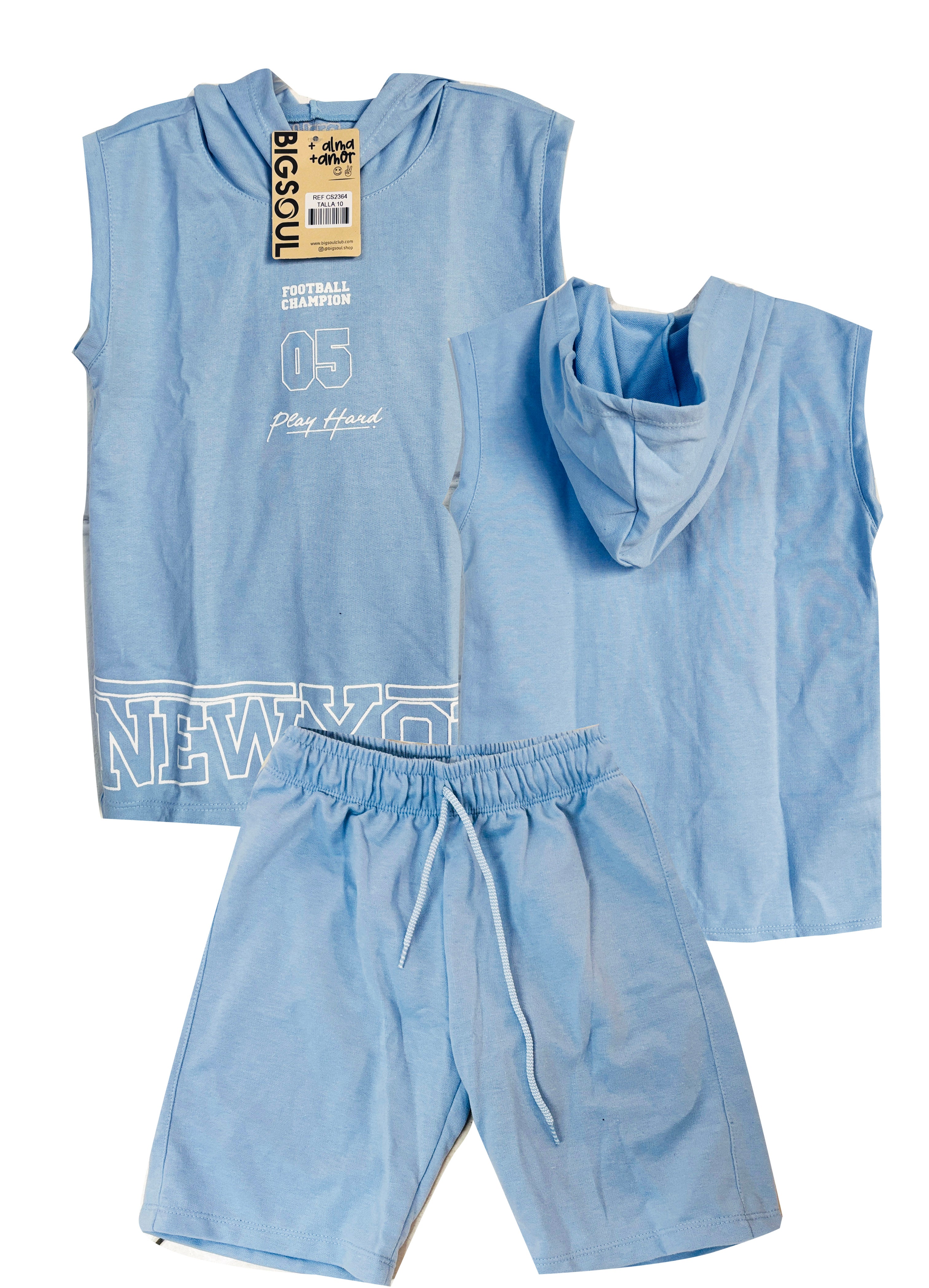 CS2364 CONJUNTO NINO MANGA SISA CAPUCHA  / BERMUDA UNICOLOR AZUL CIELO