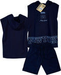 CS2364 CONJUNTO NINO MANGA SISA CAPUCHA  / BERMUDA UNICOLOR AZUL OSCURO