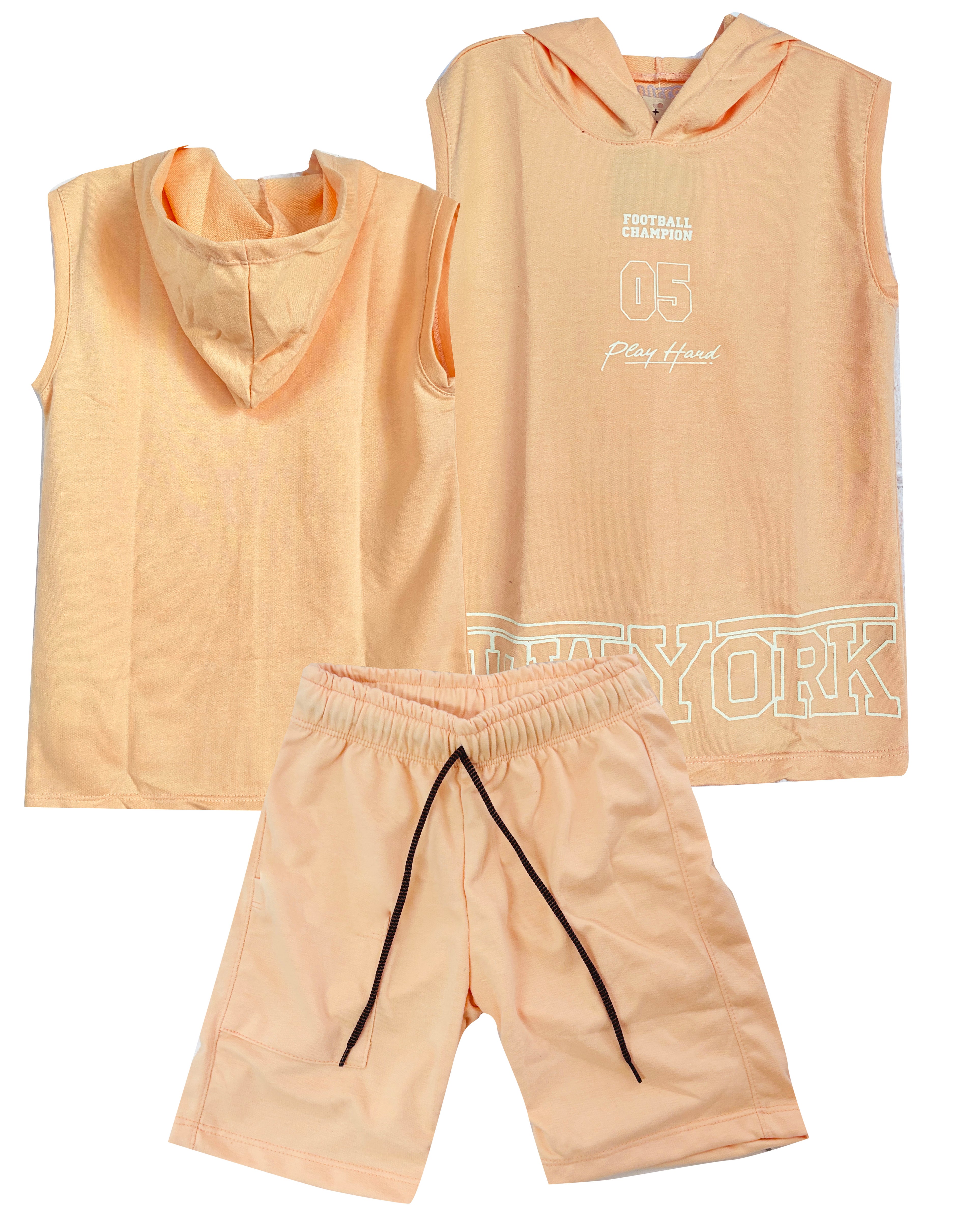CS2364 CONJUNTO NINO MANGA SISA CAPUCHA  / BERMUDA UNICOLOR MANDARINA
