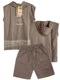 CS2364 CONJUNTO NINO MANGA SISA CAPUCHA  / BERMUDA UNICOLOR TAUPE
