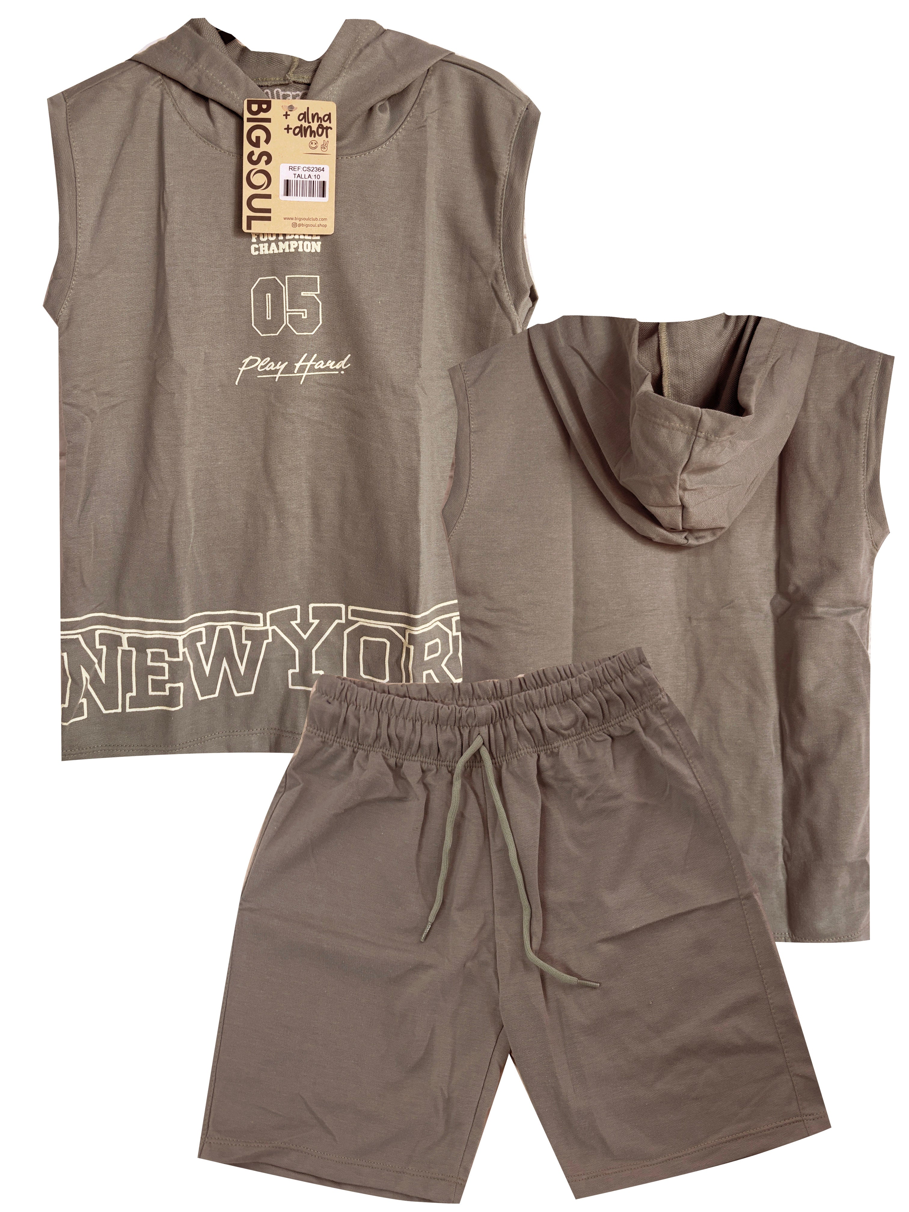 CS2364 CONJUNTO NINO MANGA SISA CAPUCHA  / BERMUDA UNICOLOR TAUPE