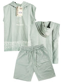 CS2364 CONJUNTO NINO MANGA SISA CAPUCHA  / BERMUDA UNICOLOR VERDE PASTEL