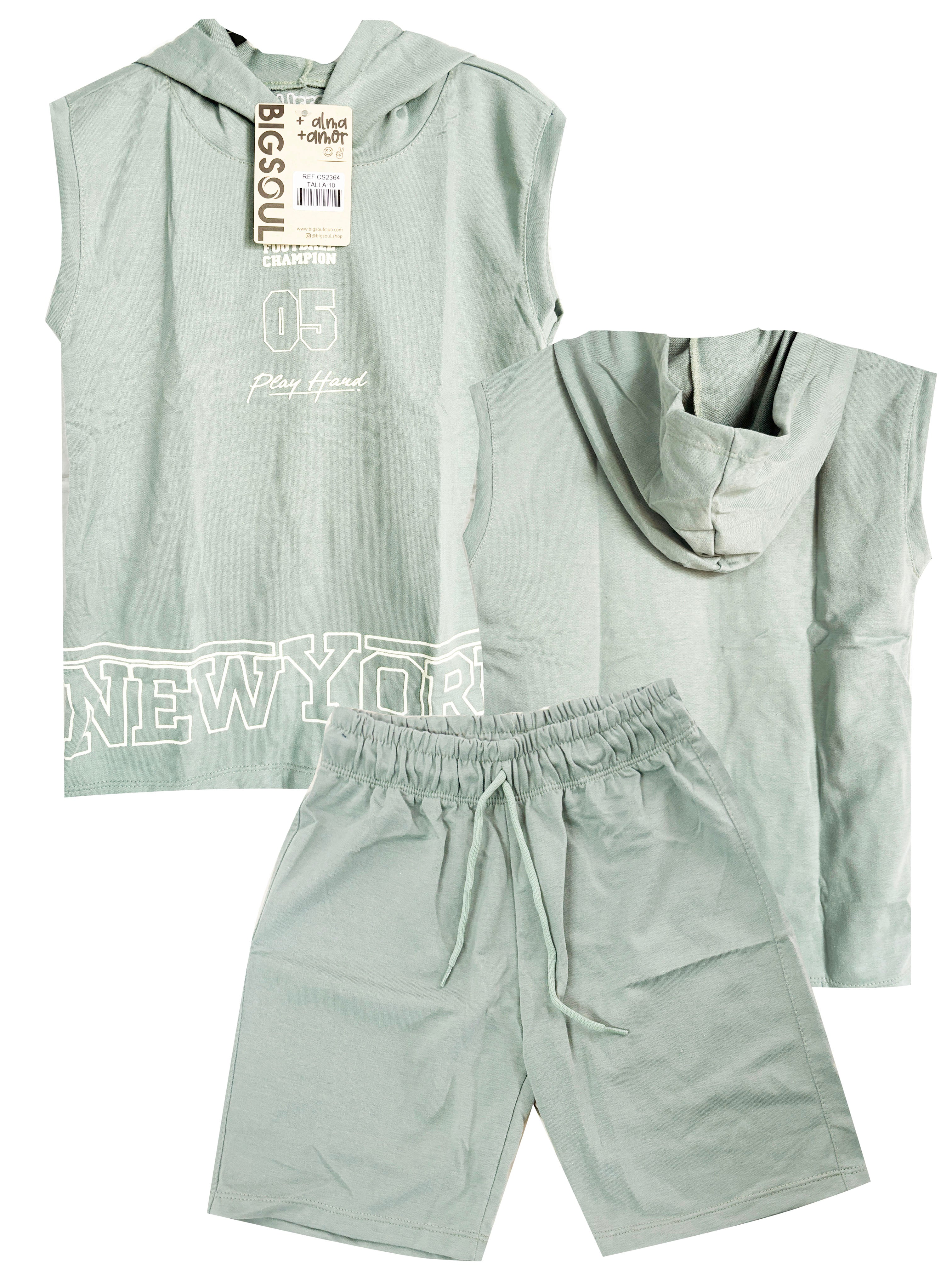 CS2364 CONJUNTO NINO MANGA SISA CAPUCHA  / BERMUDA UNICOLOR VERDE PASTEL