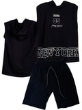 CS2364 CONJUNTO NINO MANGA SISA CAPUCHA  / BERMUDA UNICOLOR NEGRO