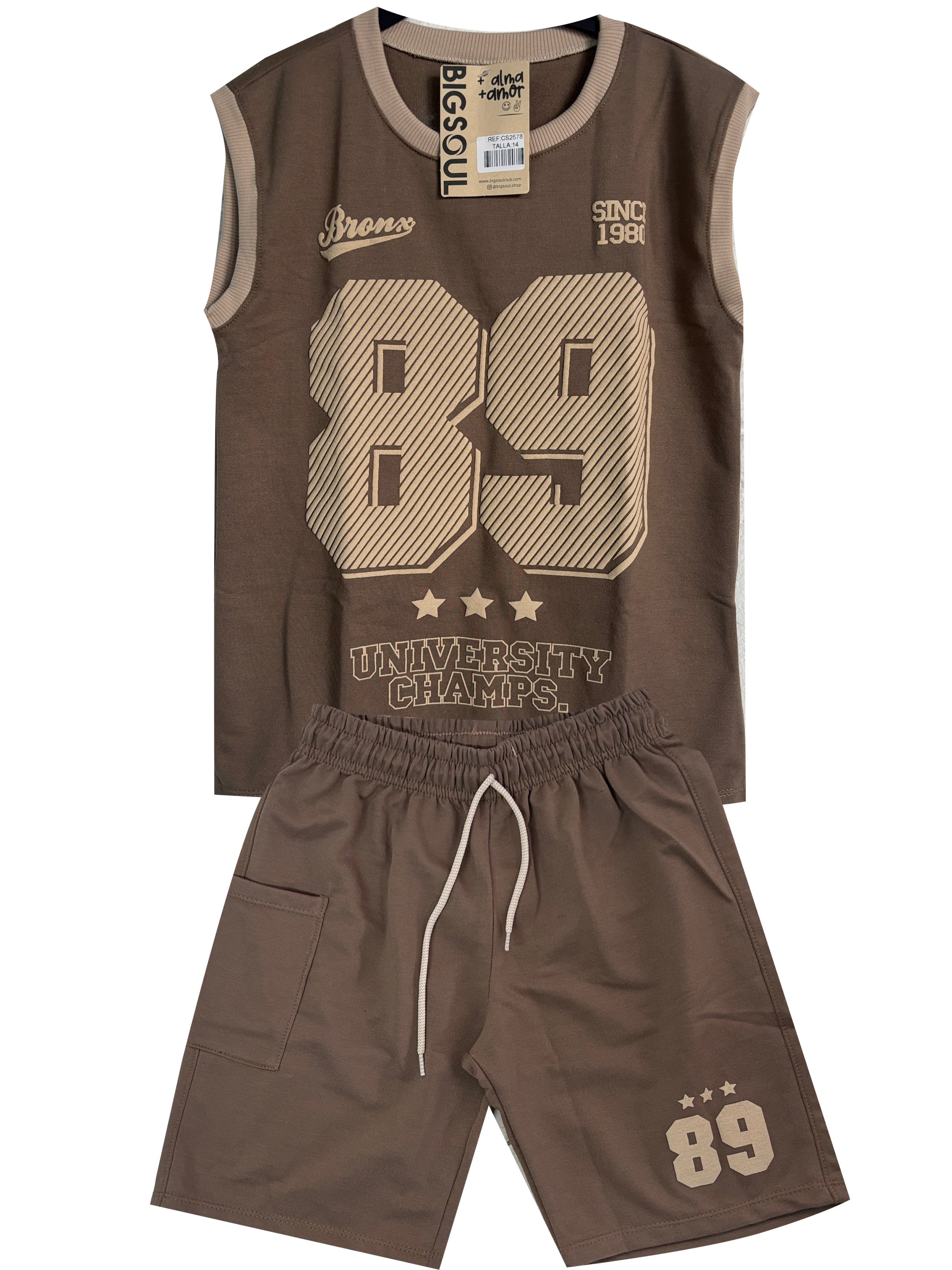 CS2578 CONJUNTO NINO MANGA SISA / BERMUDA UNICOLOR TAUPE