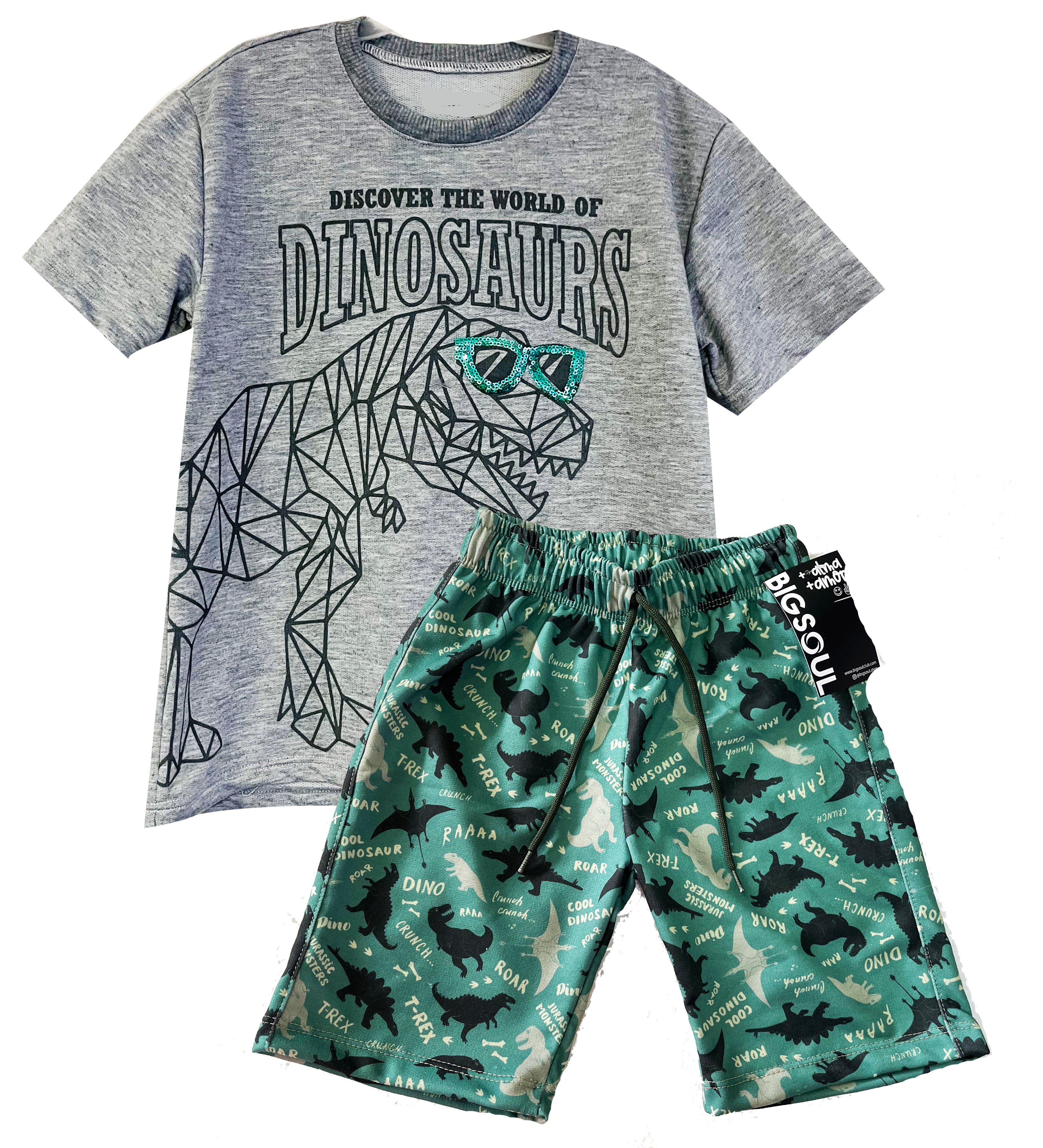 CONJUNTO  DINO LENTEJUELAS OVERSIZE GRIS JASPE/ BERMUDA ESTAMPADA