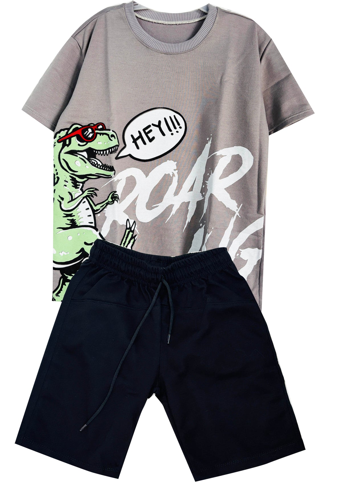 DINO ROAR CONJUNTO  CAMISETA  OVER SIZE GRIS/ BERMUDA NEGRO