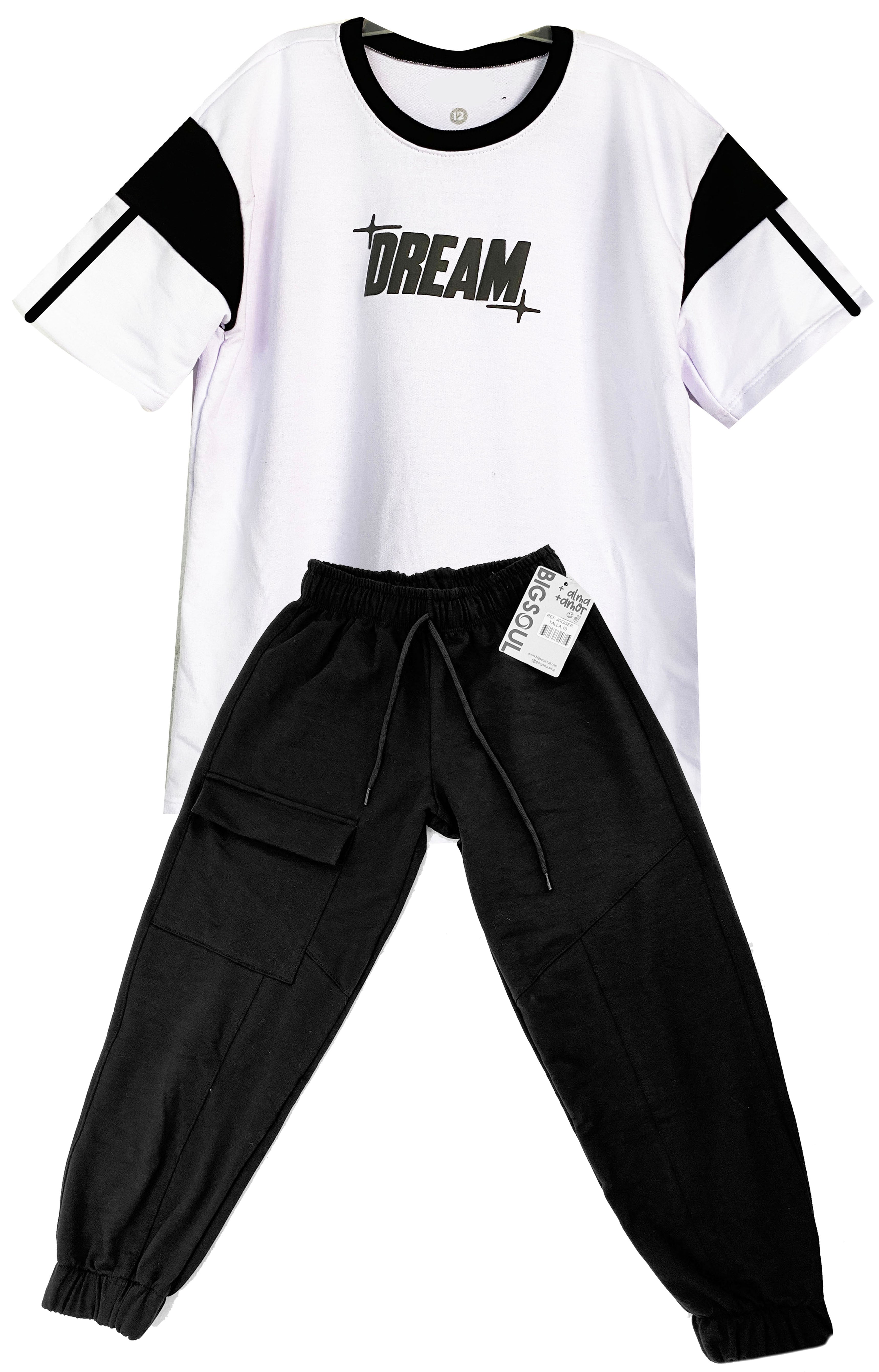 CONJUNTO CAMISETA DREAM  OVER SIZE BLANCO / JOGGER NEGRO