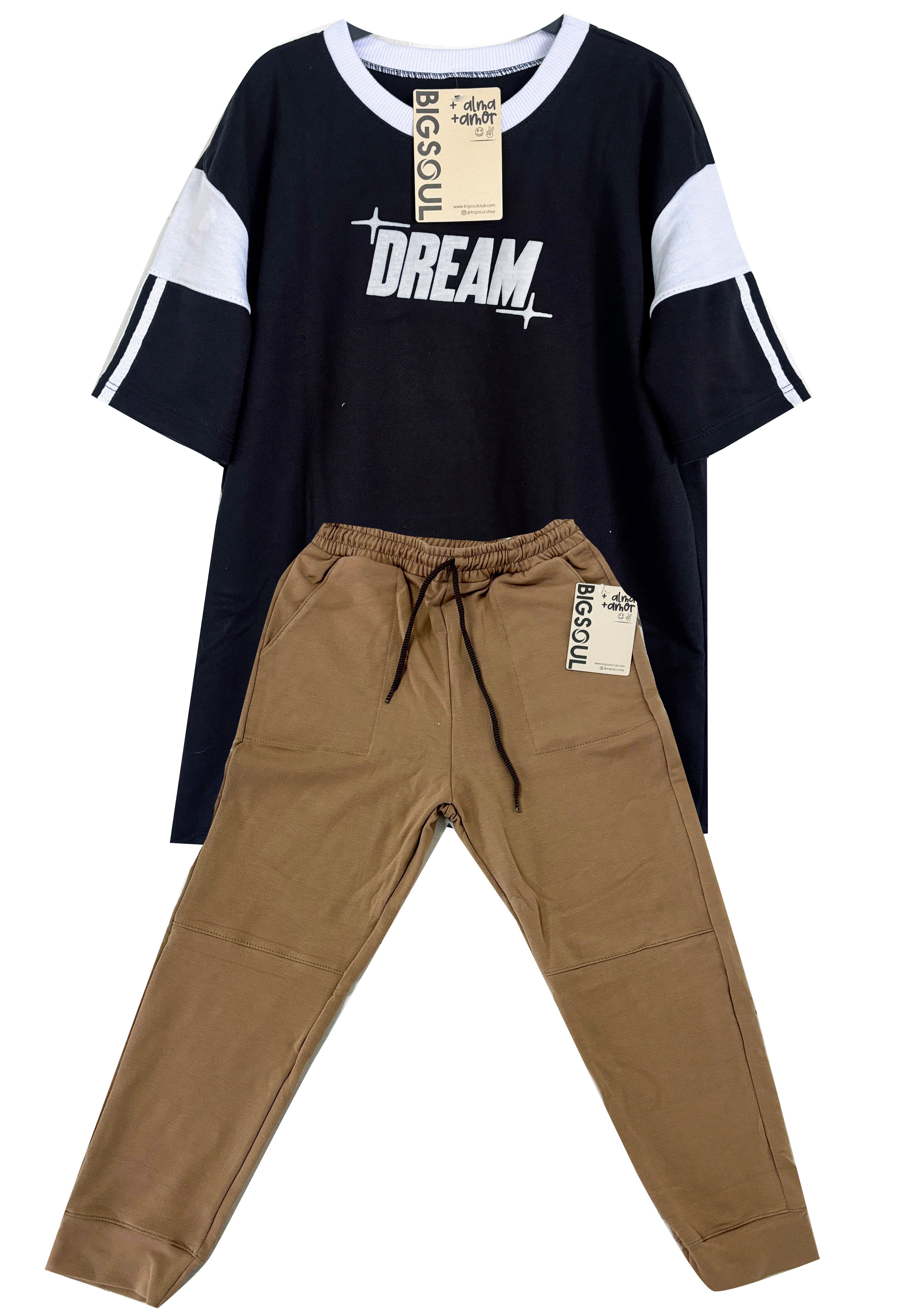 CONJUNTO CAMISETA DREAM  OVER SIZE NEGRO / JOGGER TAUPE