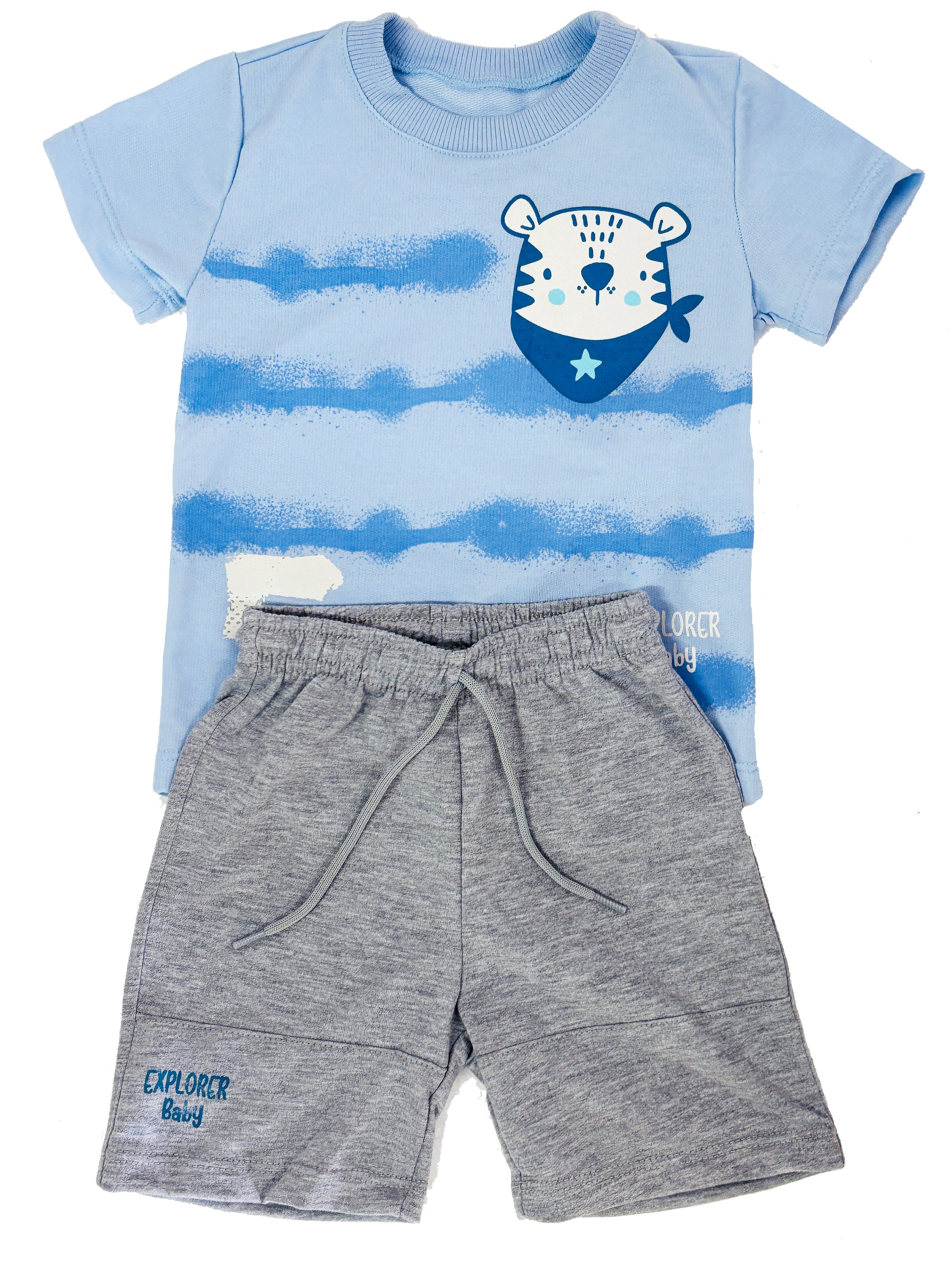 CONJUNTO BEBE CAMISETA AZUL CIELO  /BERMUDA GRIS JASPE