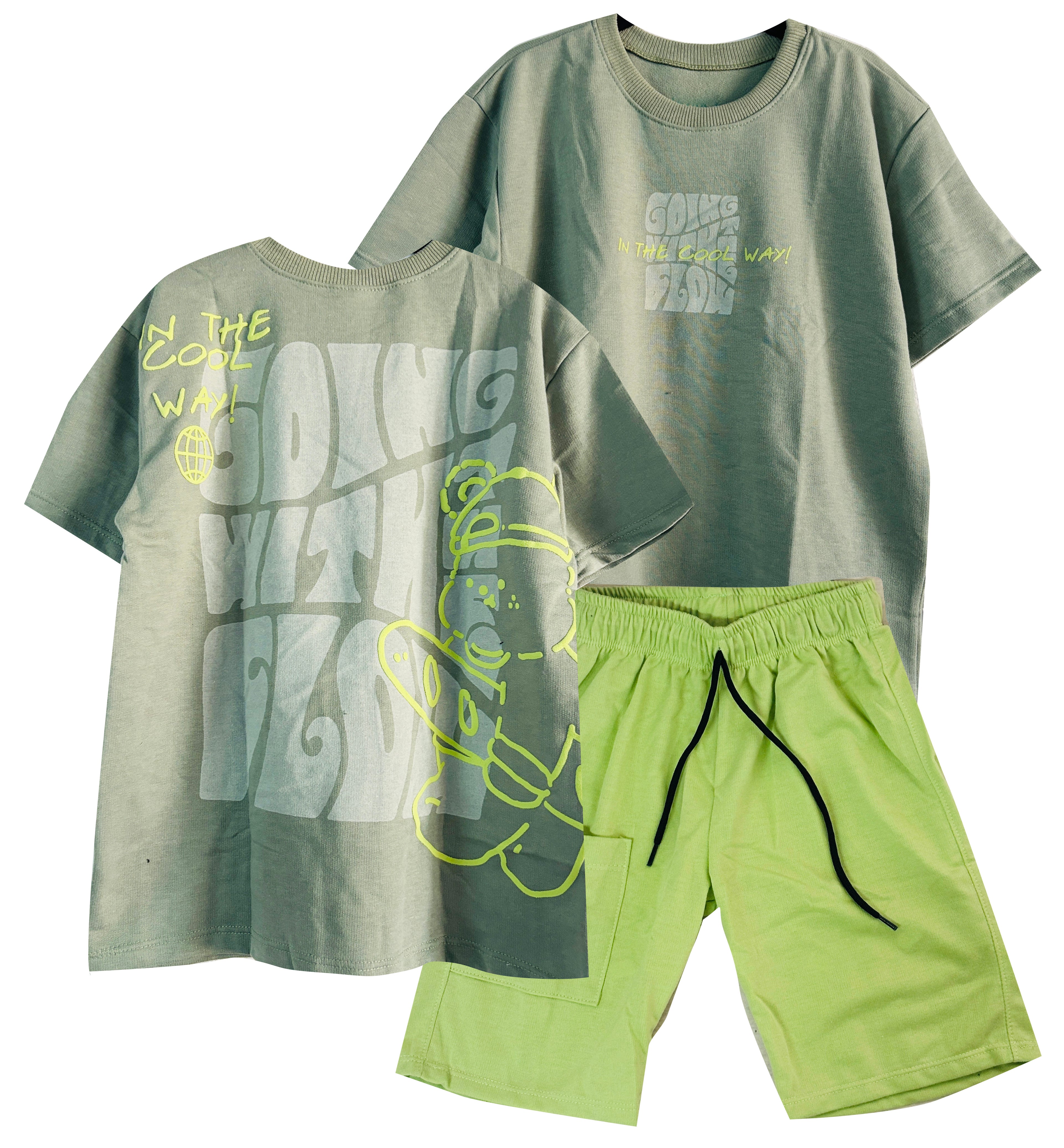 CONJUNTO CAMISETA  OVER SIZE VERDE MILITAR GOING WITH THE FLOW / BERMUDA VERDE MANZANA