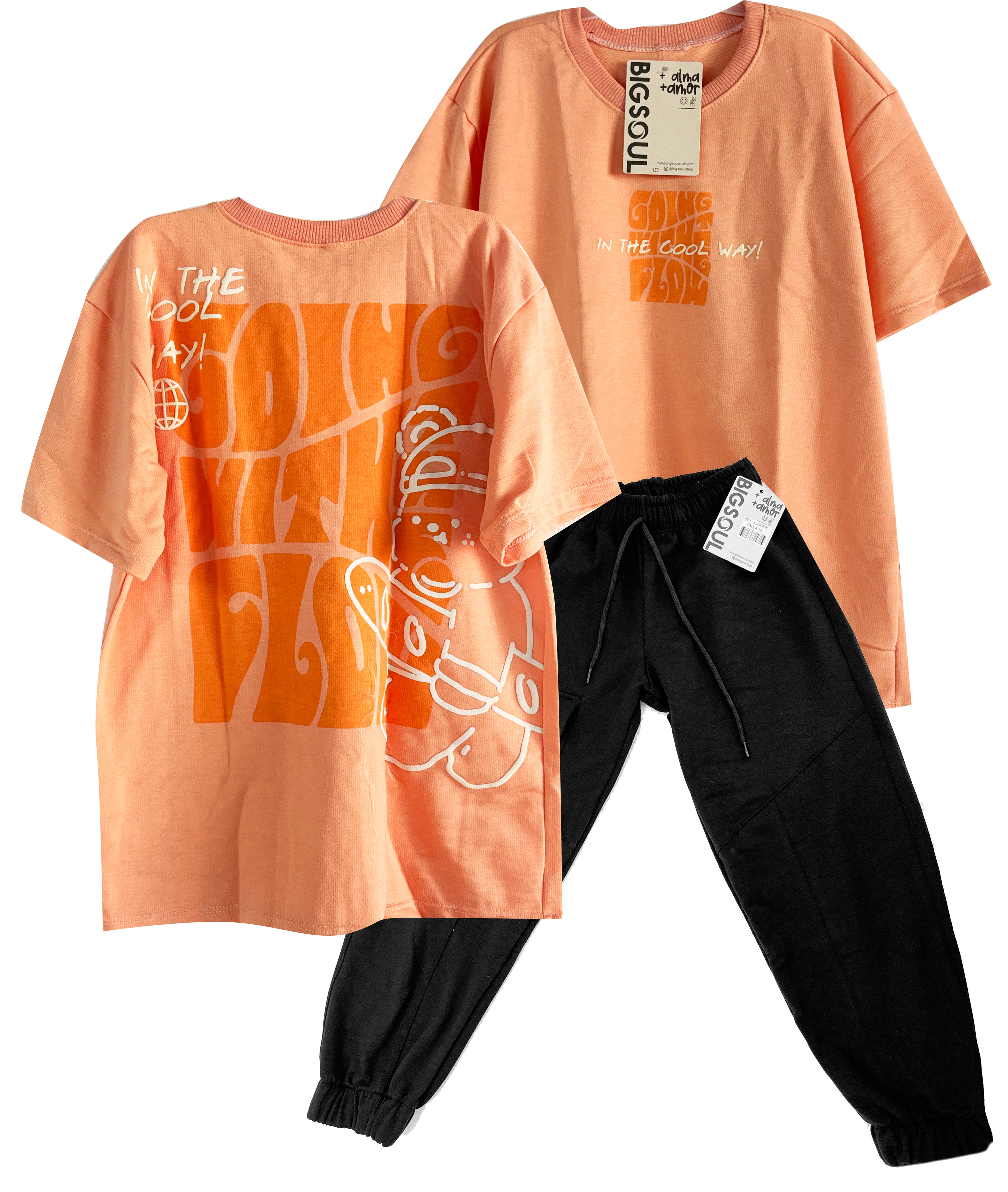 CONJUNTO CAMISETA OSO  OVER SIZE NARANJA PASTEL / JOGGER NEGRO