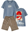 C2531 CONJUNTO CAMISETA  OVER SIZE AZUL JEAN  / BERMUDA TAUPE