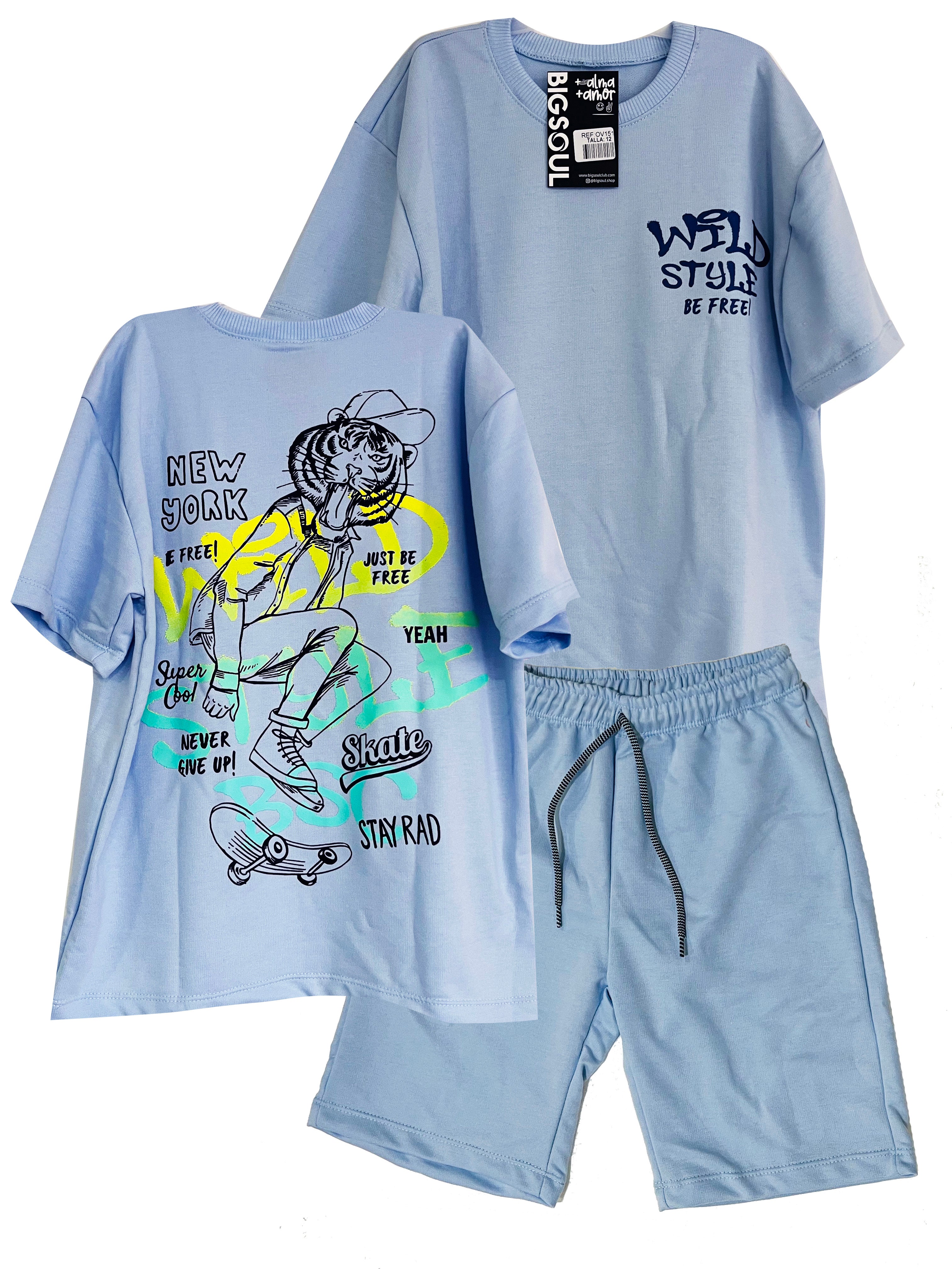 OV1519 CAMISETA  OVER SIZE AZUL CIELO / BERMUDA BURDA AZUL CIELO