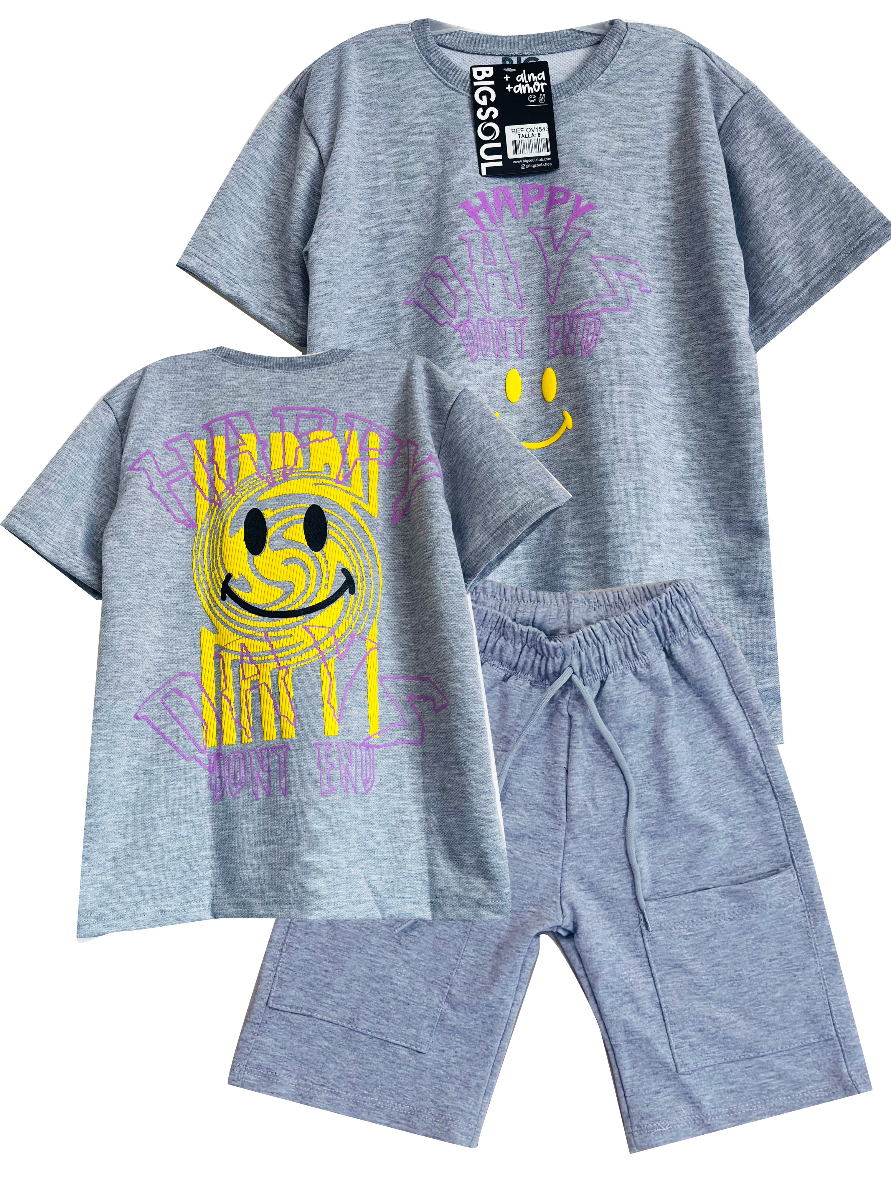 OV1543 CONJUNTO CAMISETA OVER SIZE GRIS JASPE/ BERMUDA  GRIS JASPE BURDA