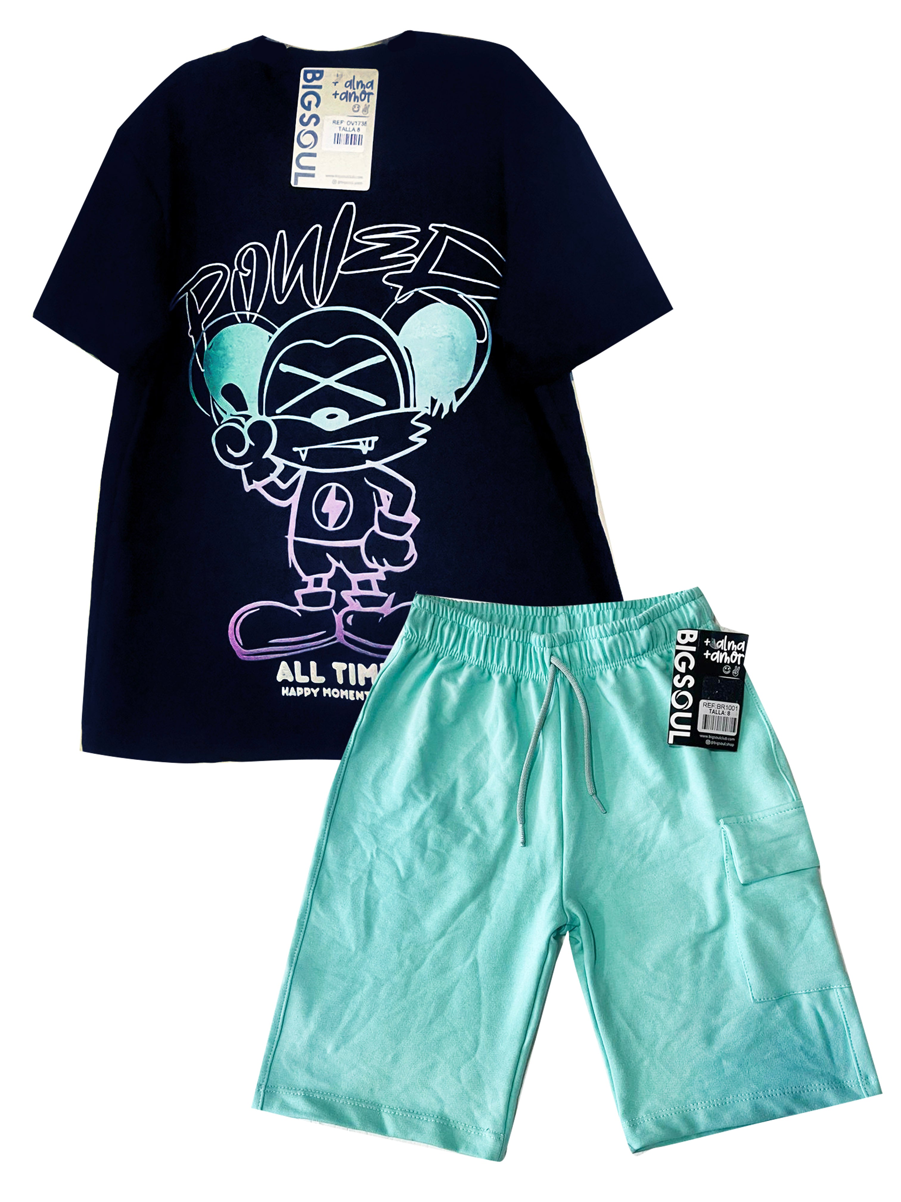 OV1635 CONJUNTO CAMISETA NEGRO BERMUDA AGUAMARINA