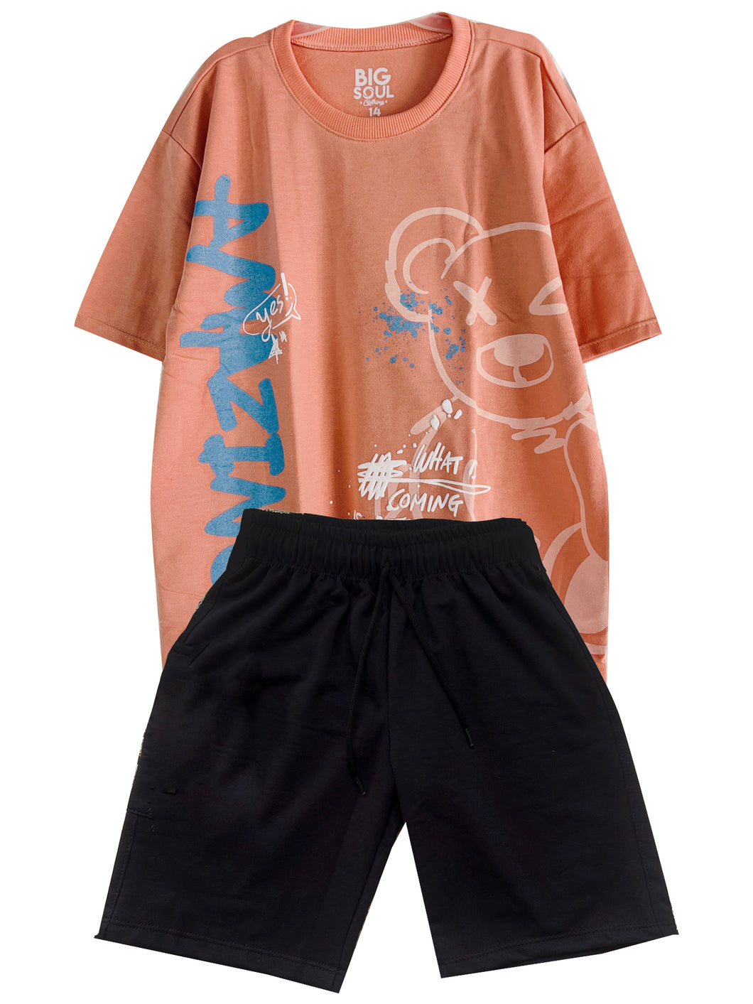 C1936 CONJUNTO CAMISETA OVER SIZE NARANJA PASTEL/ BERMUDA BURDA NEGRO
