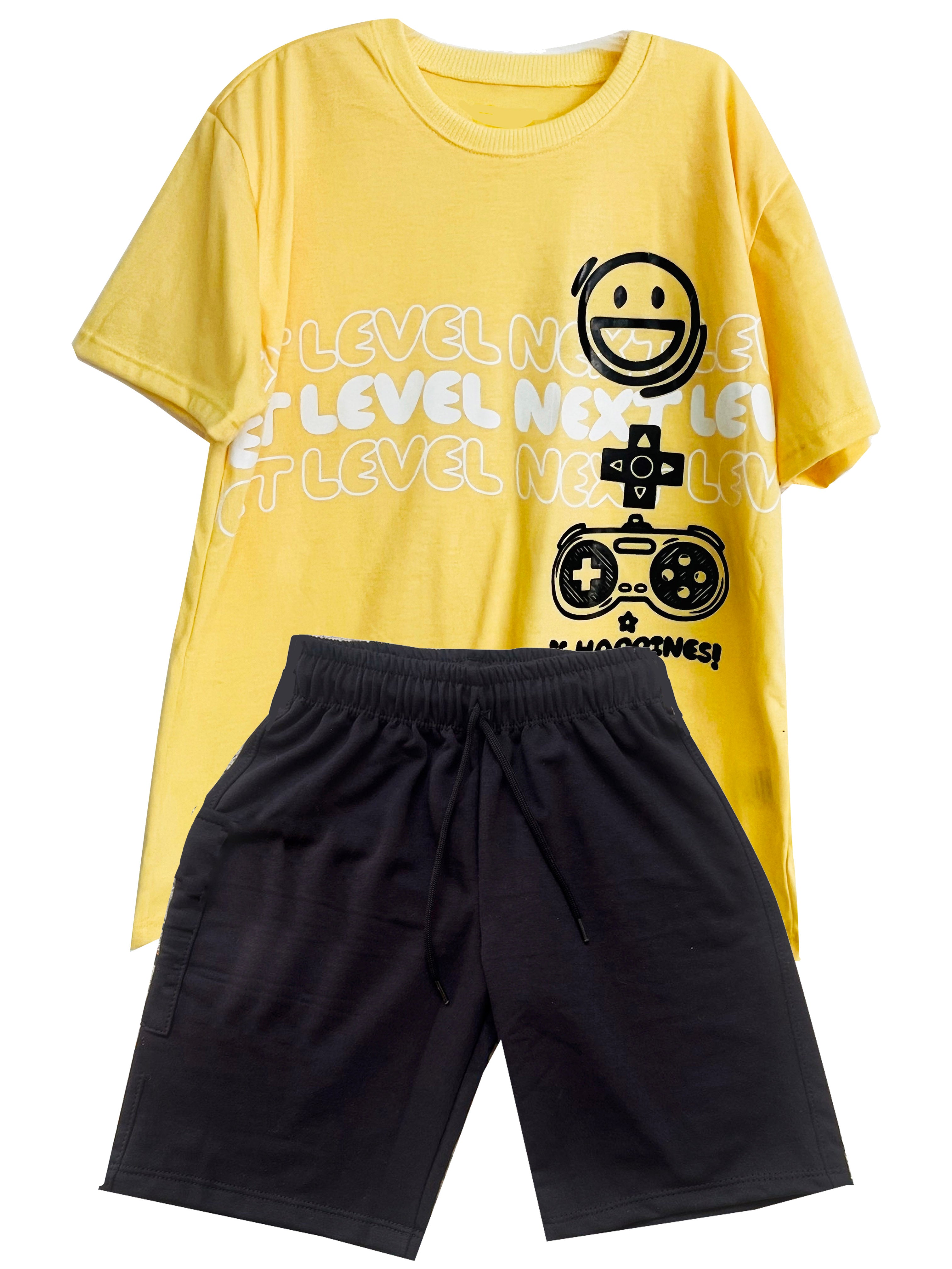 CONJUNTO CAMISETA OVER SIZE NEXT LEVEL AMARILLO/ BERMUDA BURDA NEGRO