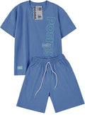 C2215 CONJUNTO UNICOLOR CAMISETA  OVER SIZE / BERMUDA AZUL HORTENCIA