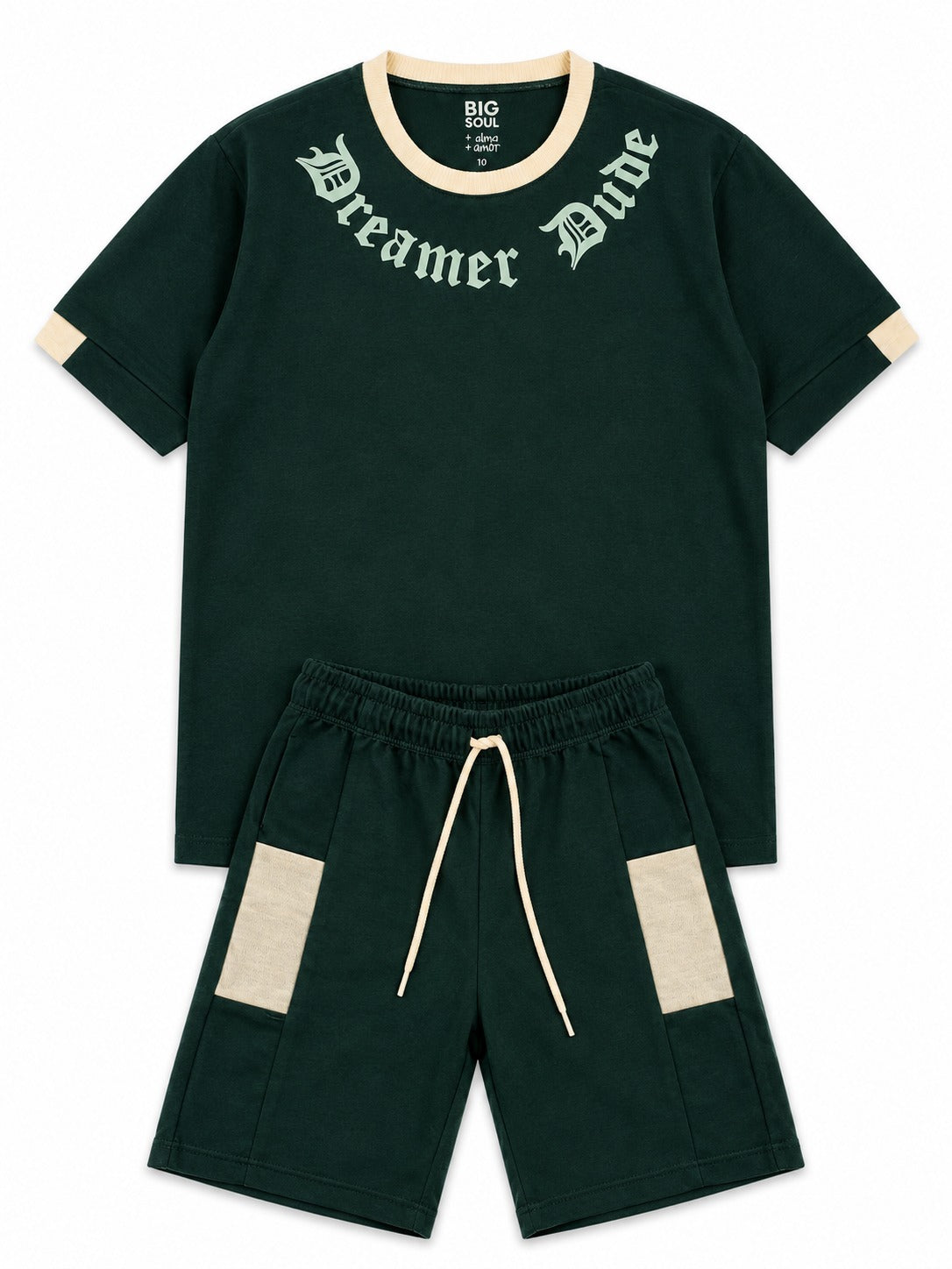 C2541 CONJUNTO UNICOLOR CON CORTES CAMISETA  OVER SIZE  / BERMUDA VERDE BOTELLA