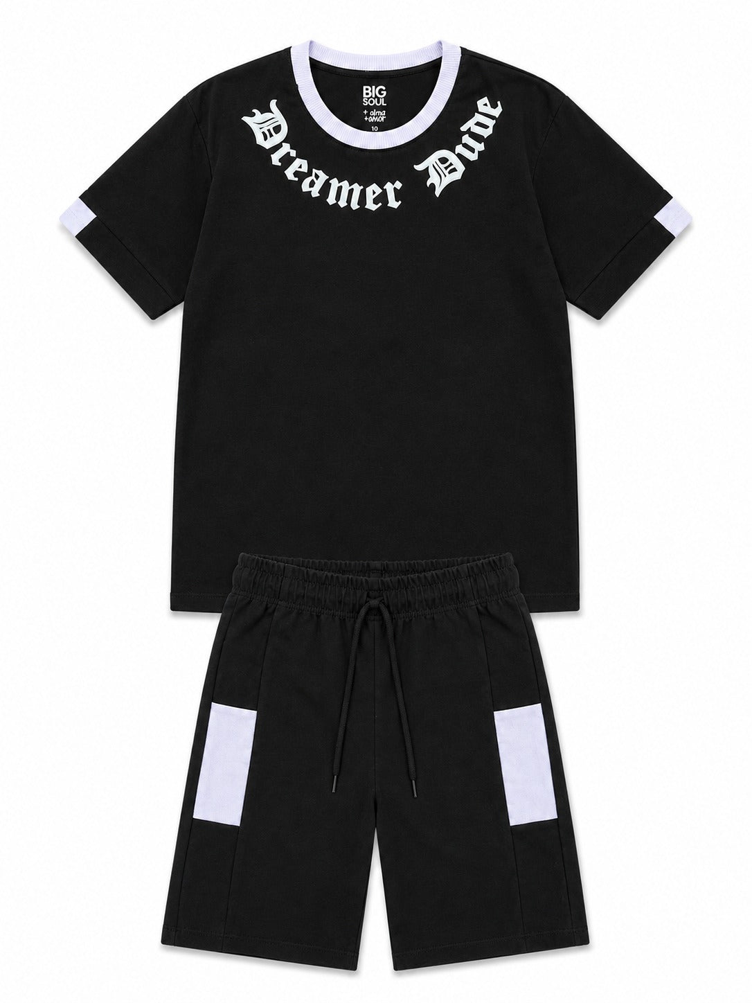 C2541 CONJUNTO UNICOLOR CON CORTES CAMISETA  OVER SIZE  / BERMUDA NEGRO