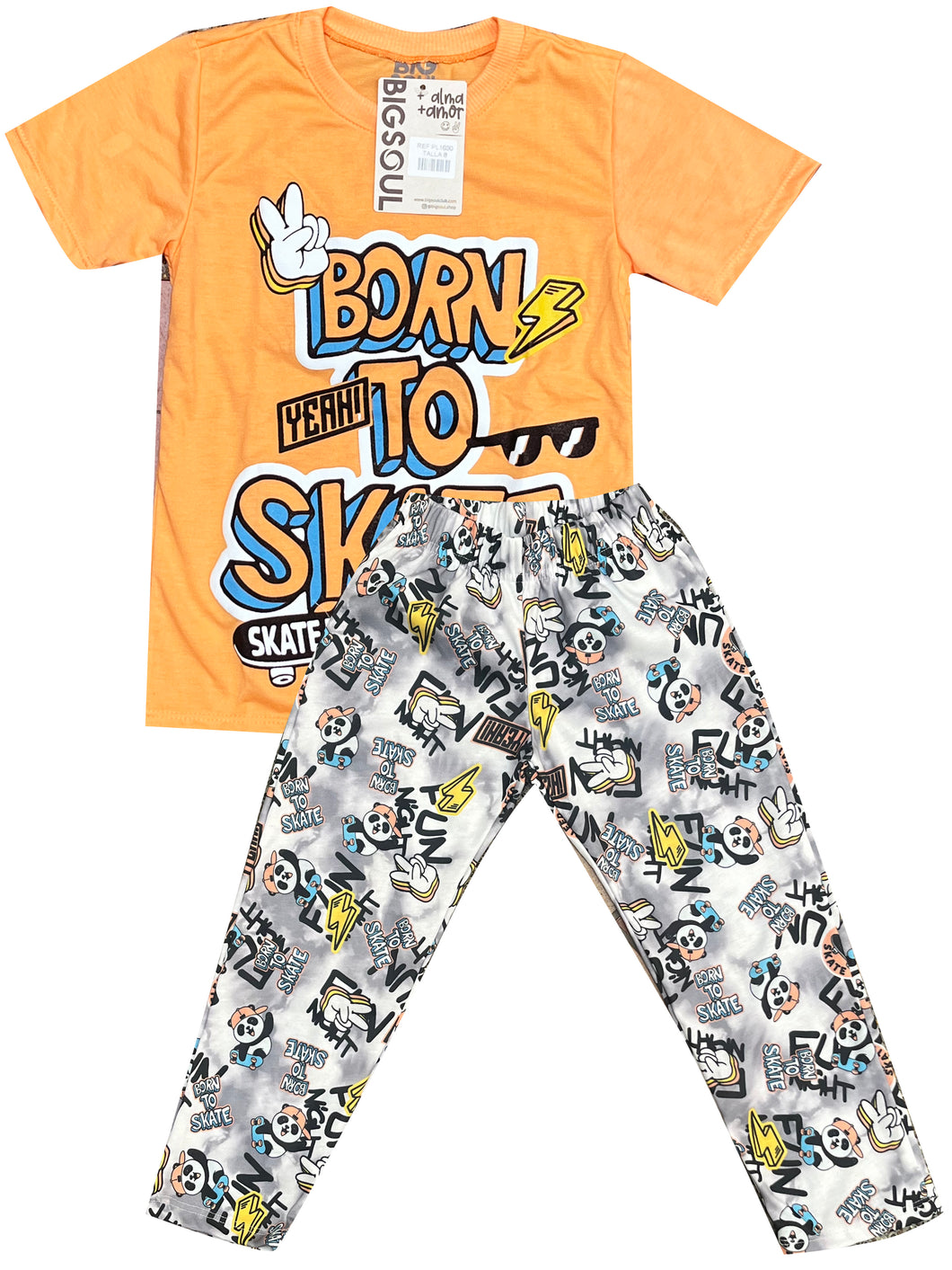 PL1690 PIJAMA CAMISETA NARANJA PASTEL  PANTALON SKATE