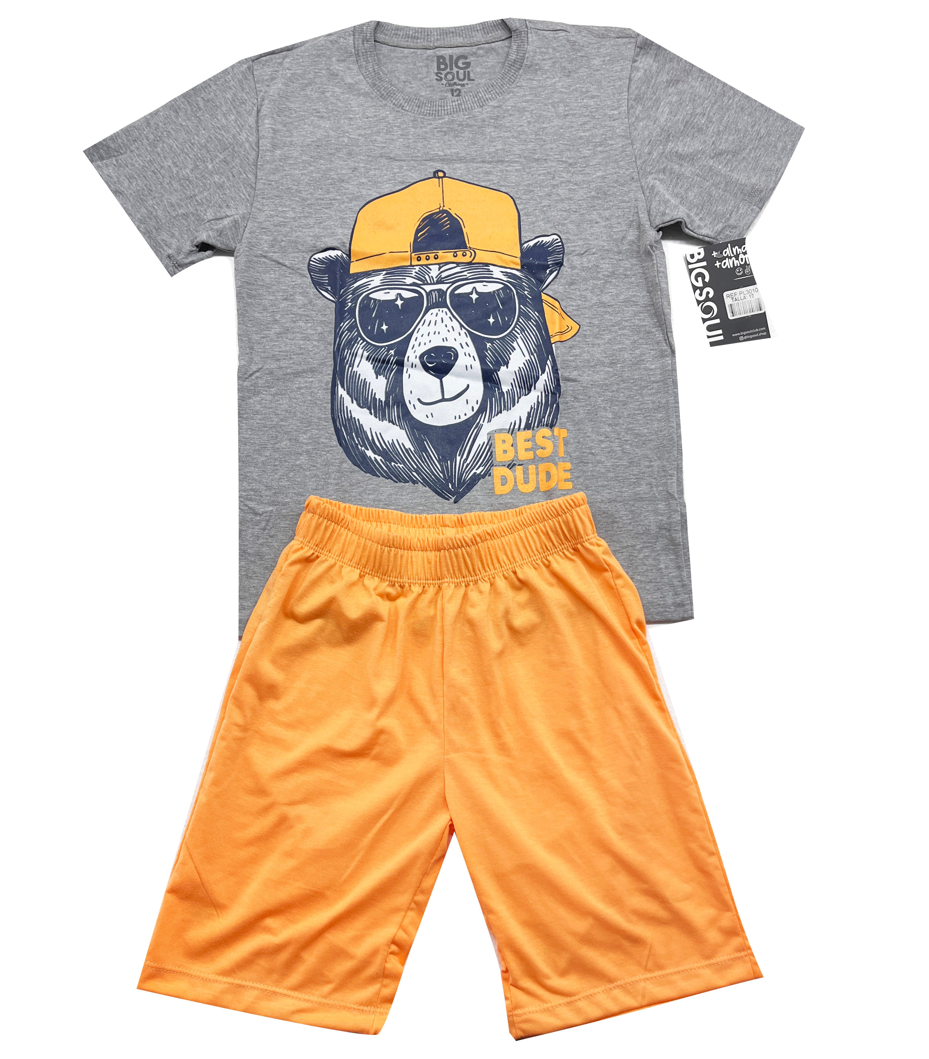 PL3010 PIJAMA CAMISETA GRIS JASPE /  BERMUDA NARANJA PASTEL
