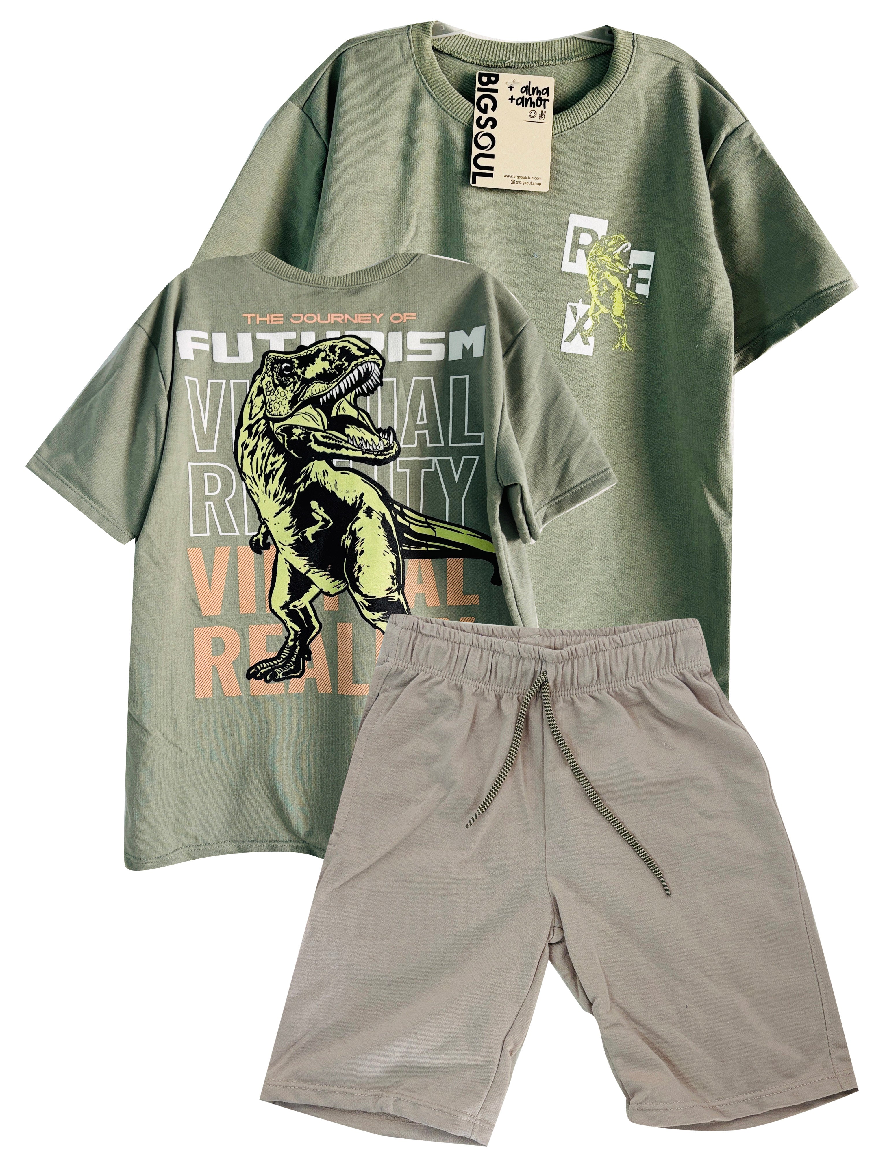 CONJUNTO T REX CAMSIETA OVER SIZE VERDE MILITAR/ BERMUDA KAKY
