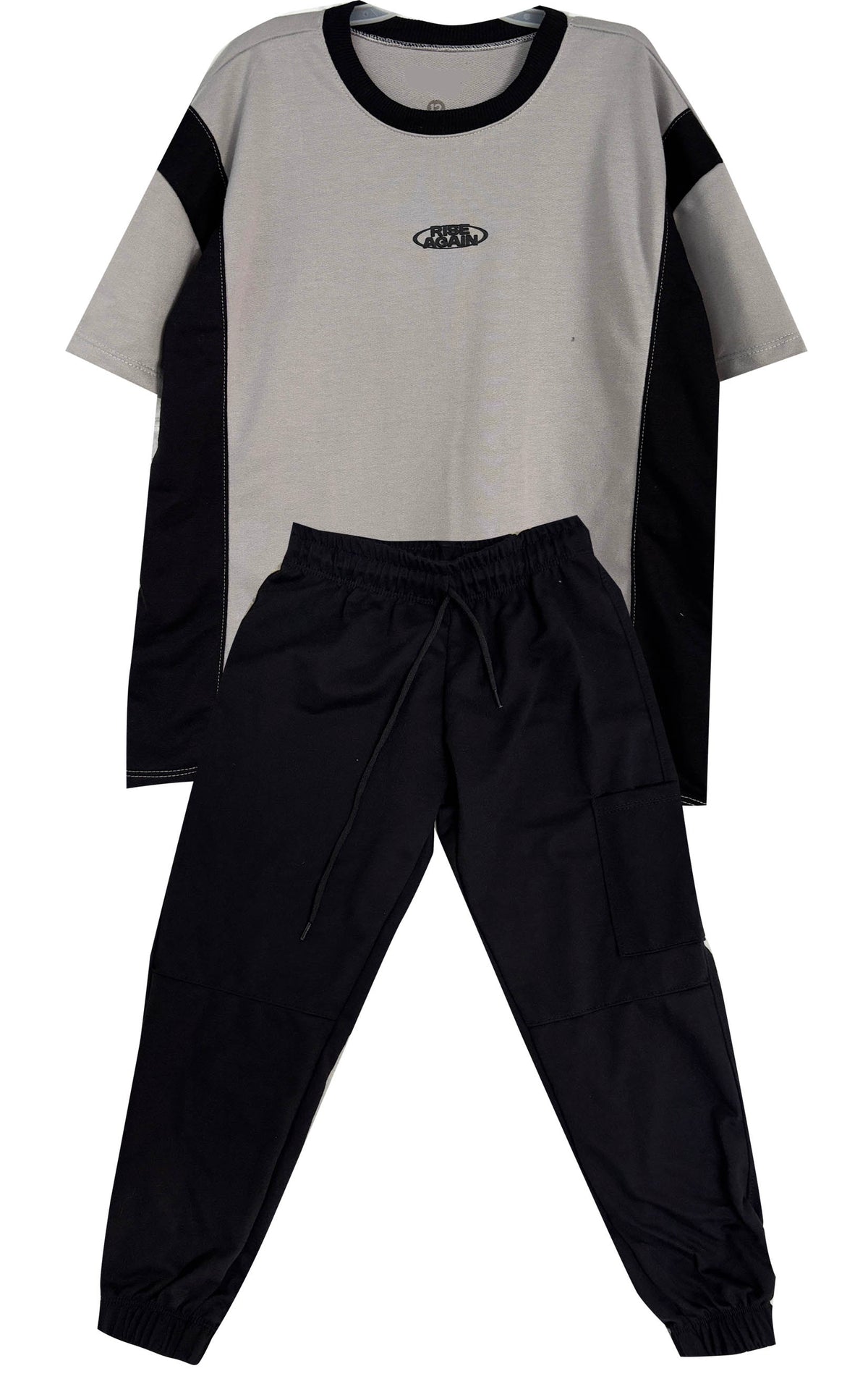 CONJUNTO RISE AGAIN CAMISETA GRIS  OVER SIZE / JOGGER NEGRO