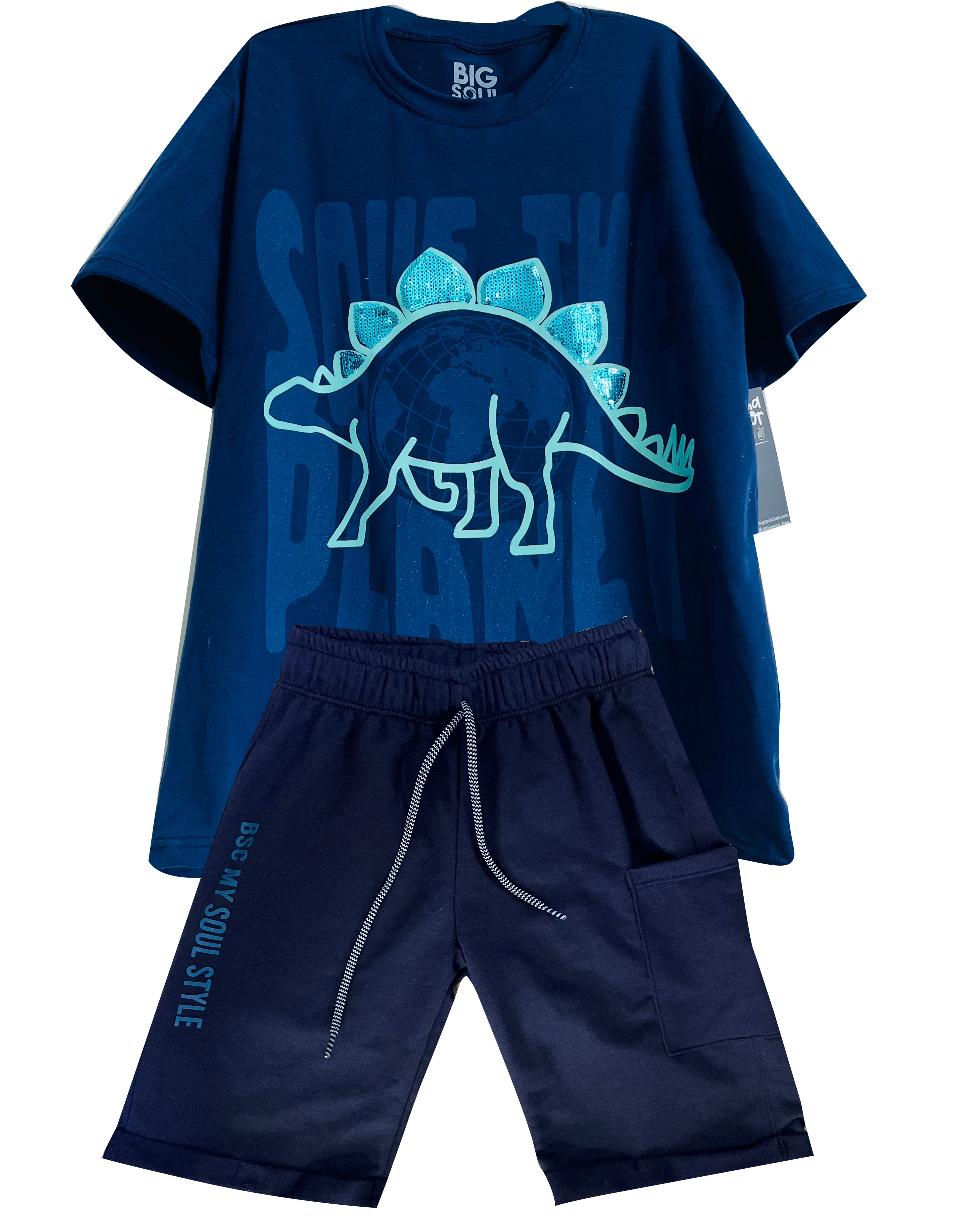 CAMISETA  OVER SIZE AZUL OSCURO CON LENTEJUELAS/ BERMUDA AZUL OSCURO