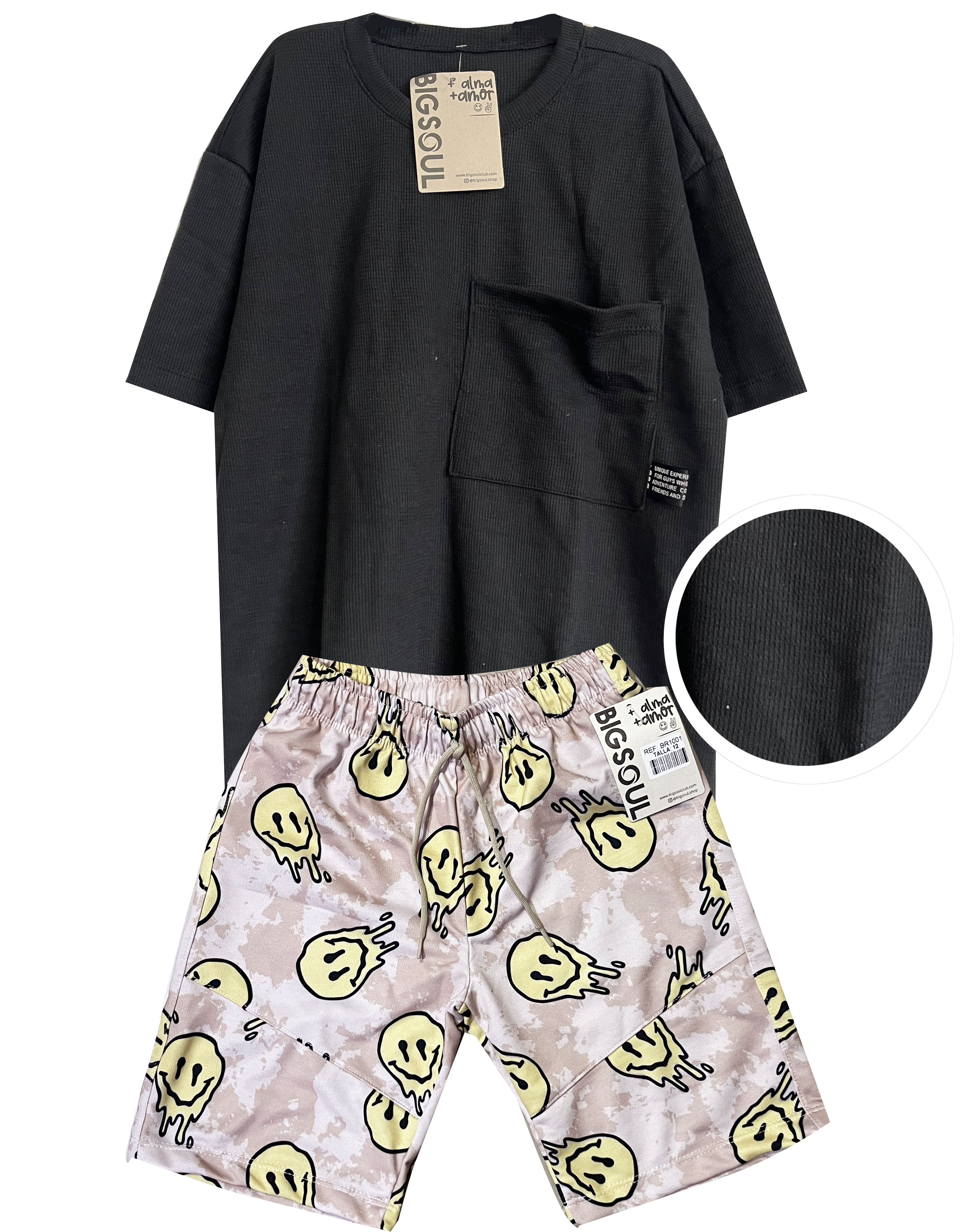 CONJUNTO SMILE FACE CAMISETA  TELA GALLETA BERMUDA SUBLIMADA