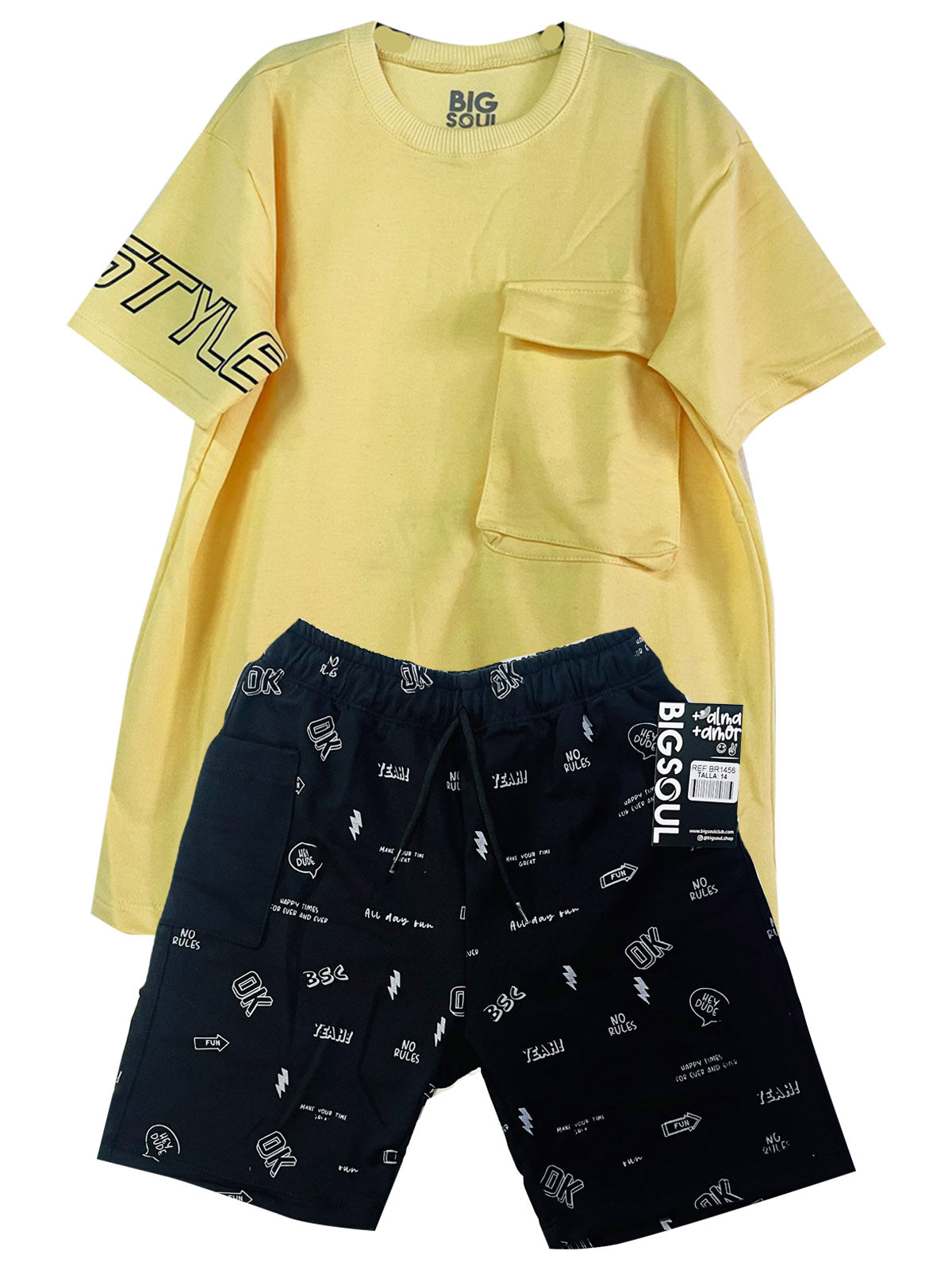 STYLE COOL CONJUNTO  CAMISETA OVER SIZE AMARILLO / BERMUDA NEGRO ESTAMPADO