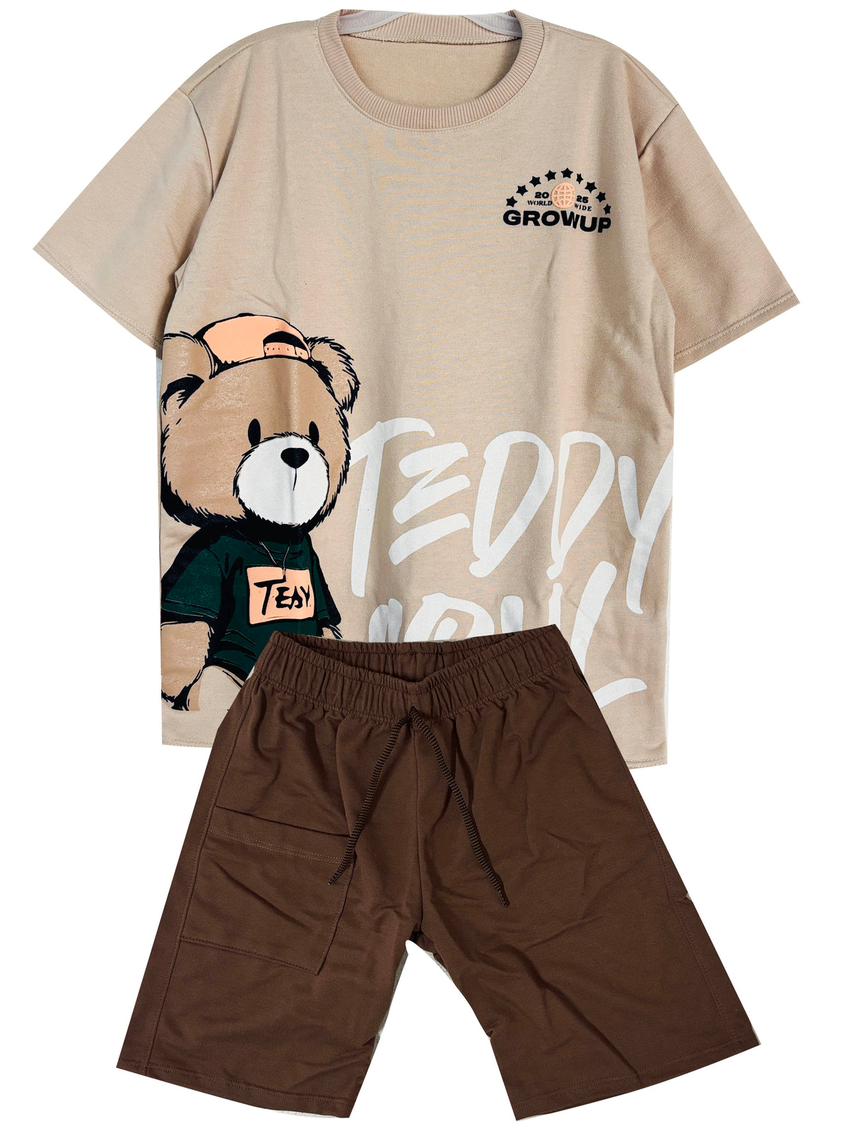 CONJUNTO  CAMISETA  TEDDY SOUL OVER SIZE KAKY / BERMUDA CAFE