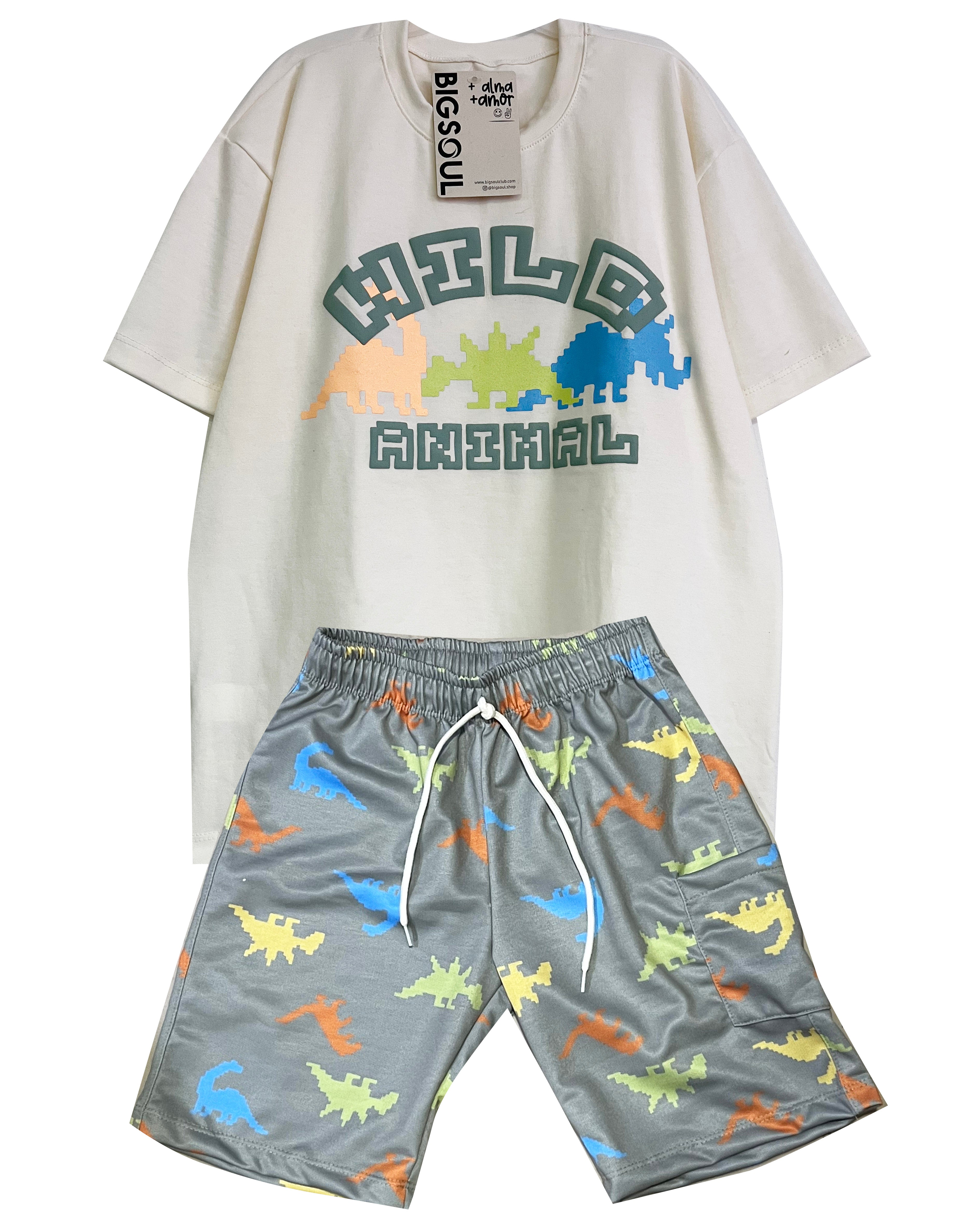 C1866 CONJUNTO CAMISETA OVER SIZE MARFIL ALGODON/ BERMUDA BURDA SUBLIMADA VERDE OLIVA
