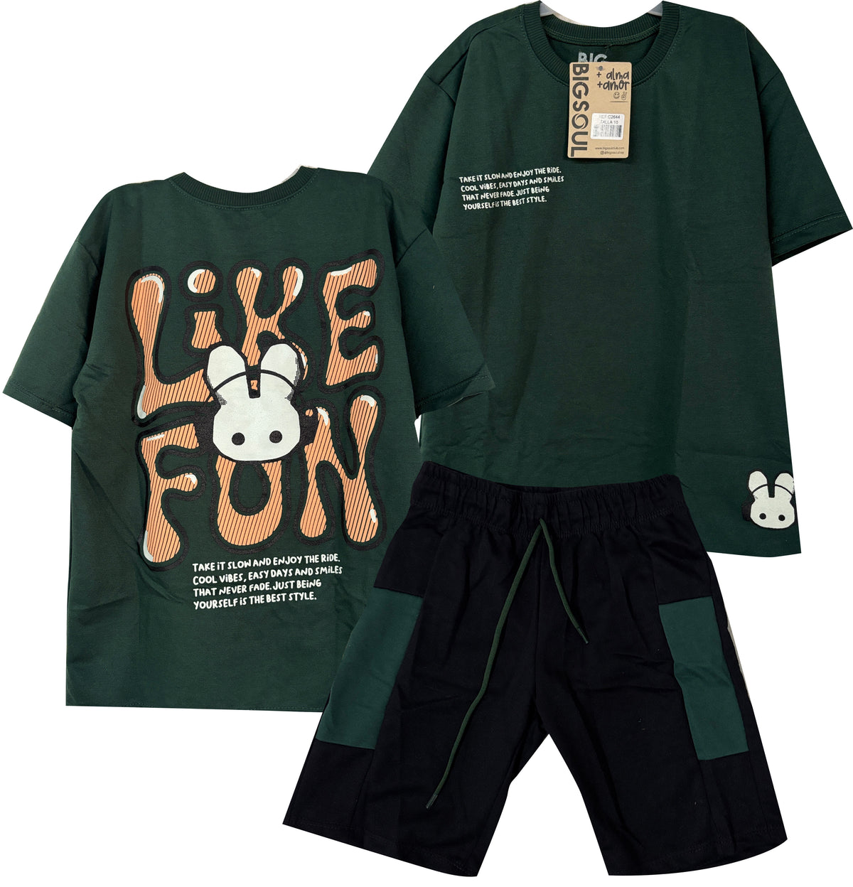 C2644 CONJUNTO   CAMISETA  OVER SIZE  VERDE BOTELLA/ BERMUDA COLOR NEGRO