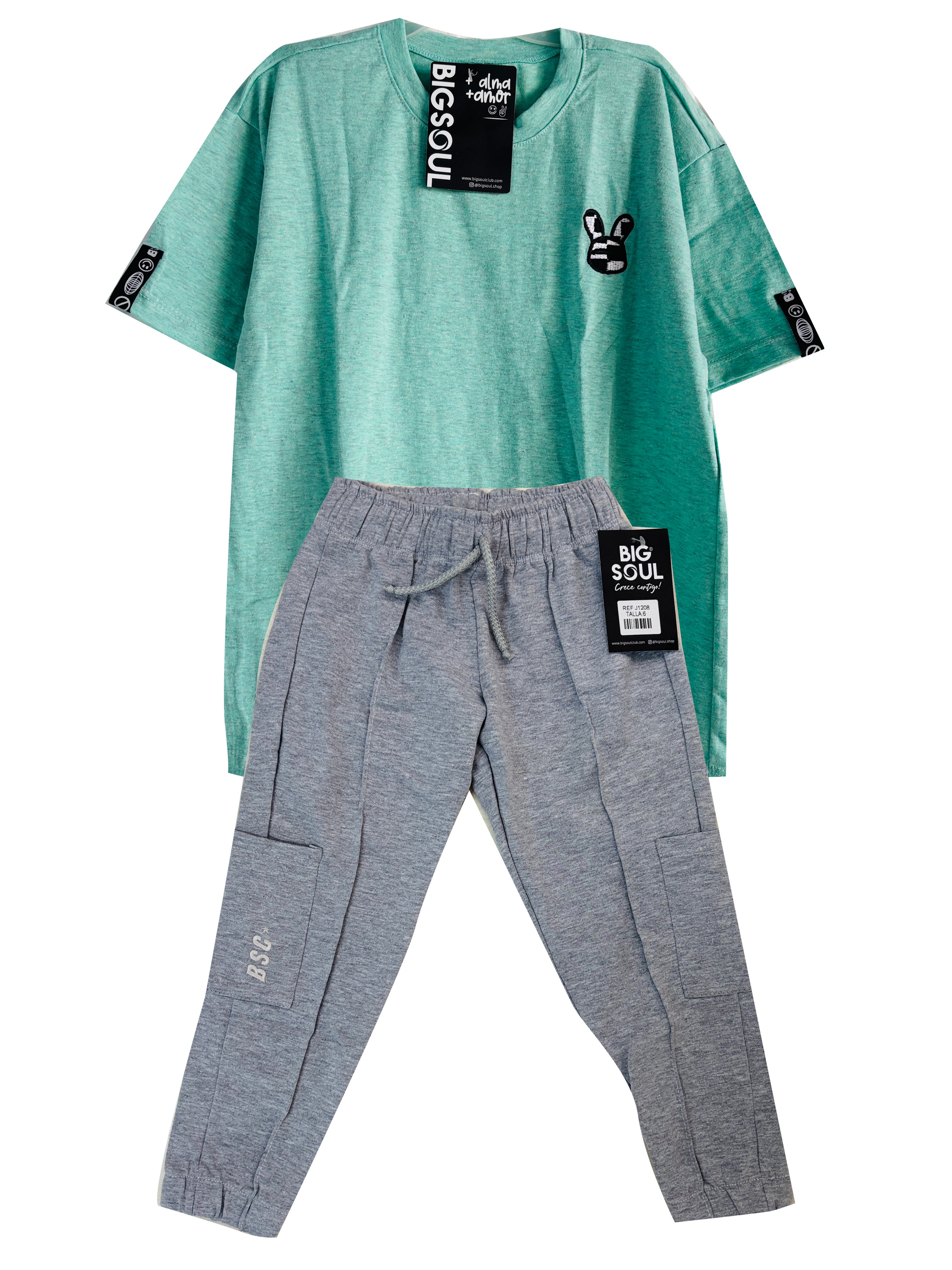 CONJUNTO CONEJITO CAMISETA OVER SIZE VERDE MENTA/ JOGGER GRIS JASPE