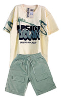 C1978 CONJUNTO CAMISETA OVER SIZE AMARILLO PASTEL Y BERMUDA VERDE MILITAR