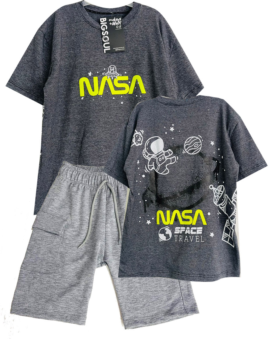 CAMISETA  OVER SIZE NASA NEGRO CROSS / BERMUDA BURDA GRIS JASPE